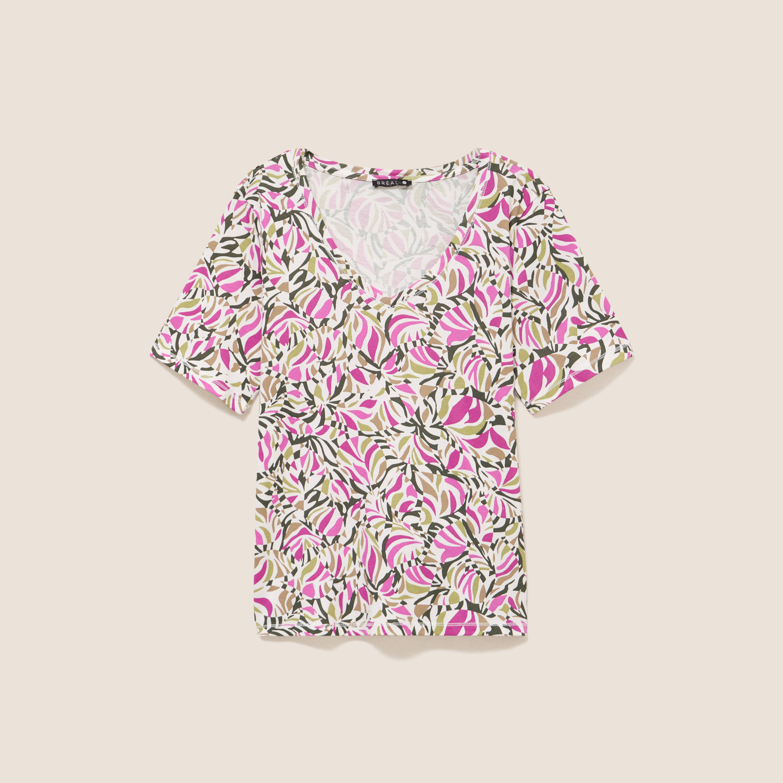 T-shirt col V manches courtes vert kaki femme