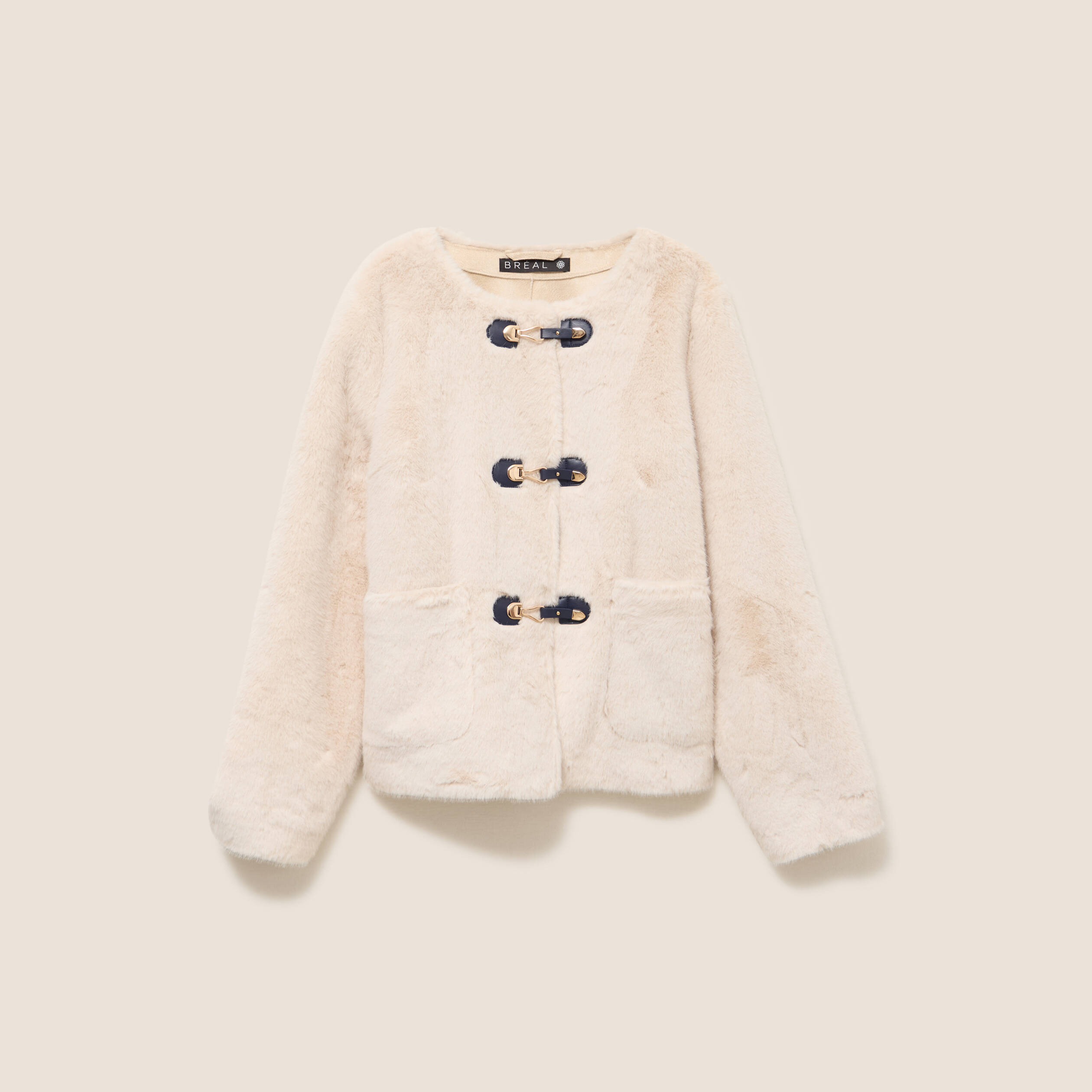 Manteau sans col en fausse fourrure ivoire femme