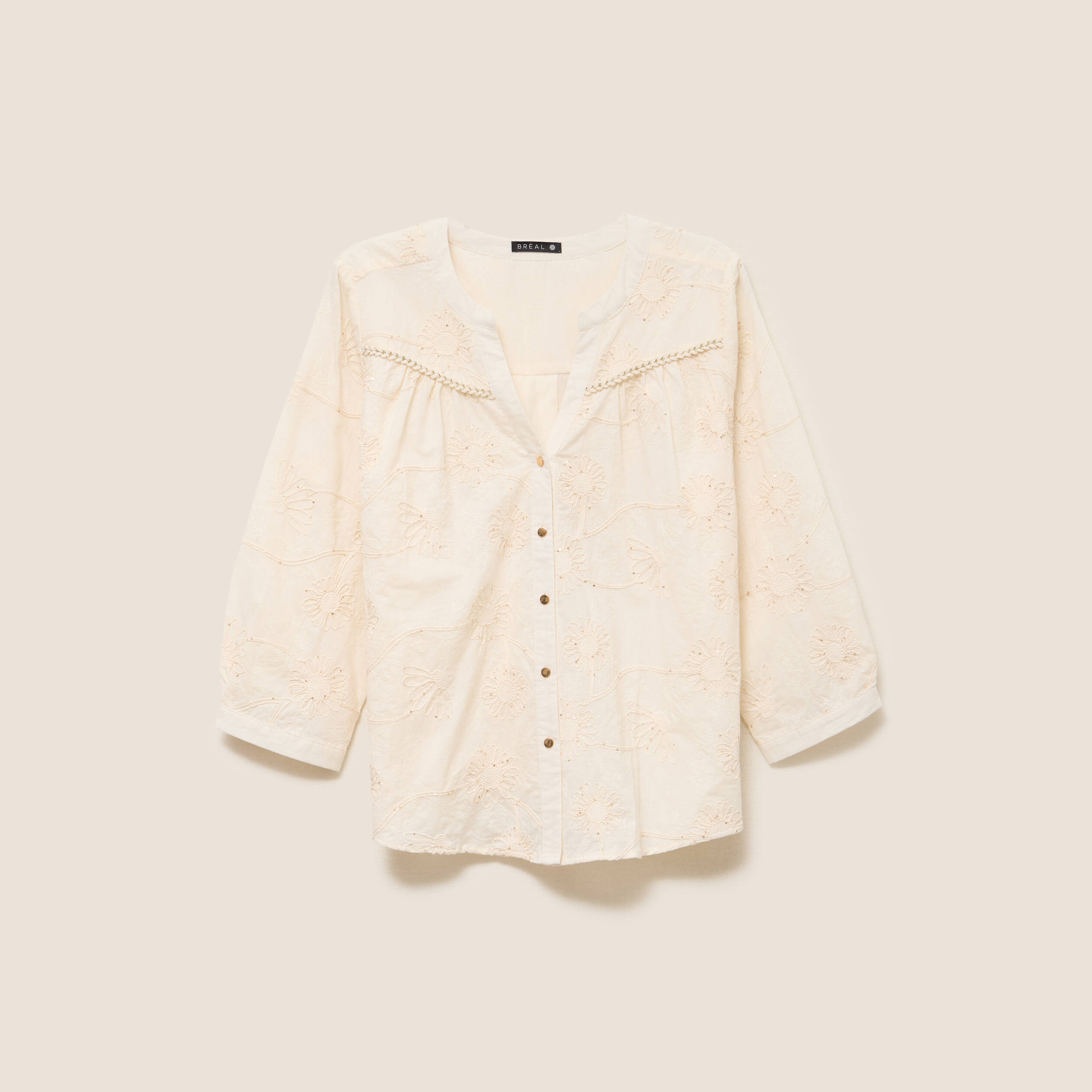 Blouse col tunisien manches 3/4 ecru femme