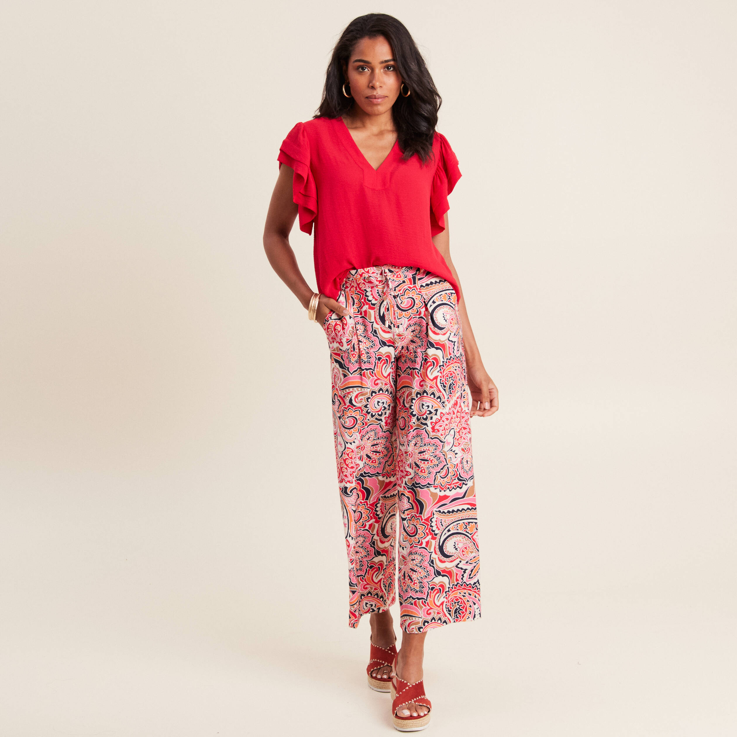 Blouse manches courtes volants rouge femme Vibs
