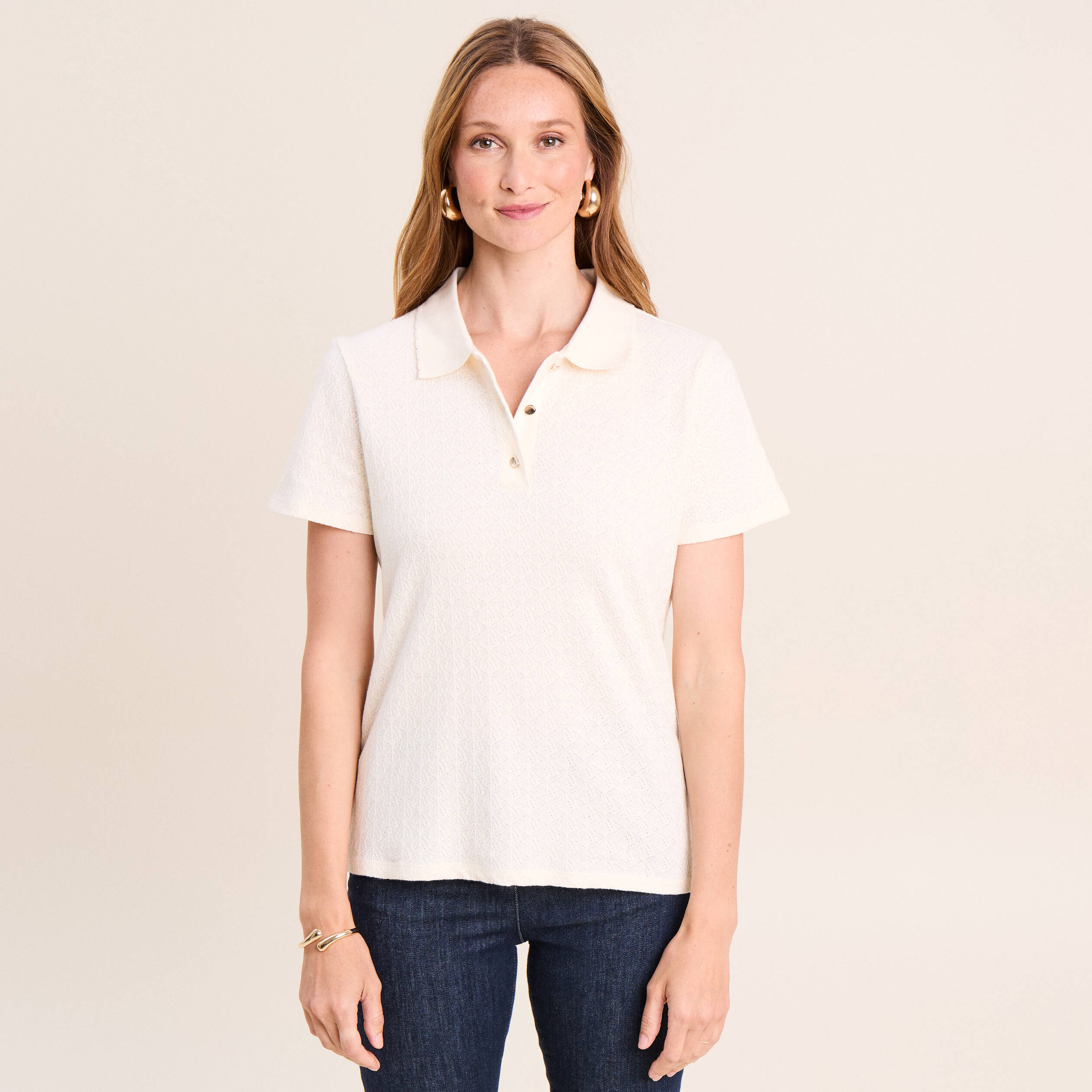 Polo jacquard manches courtes ecru femme