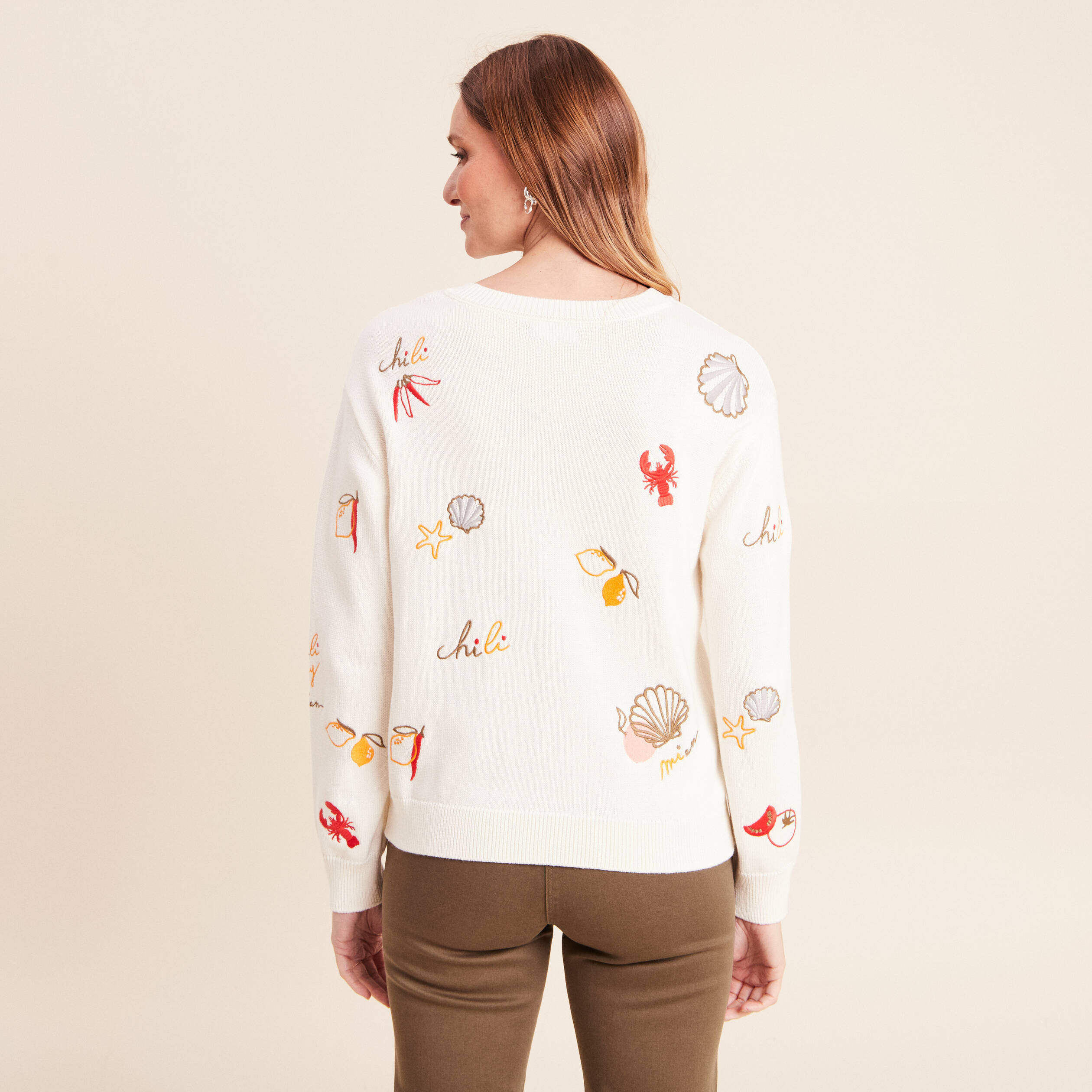 Pull col rond manches longues rouge femme