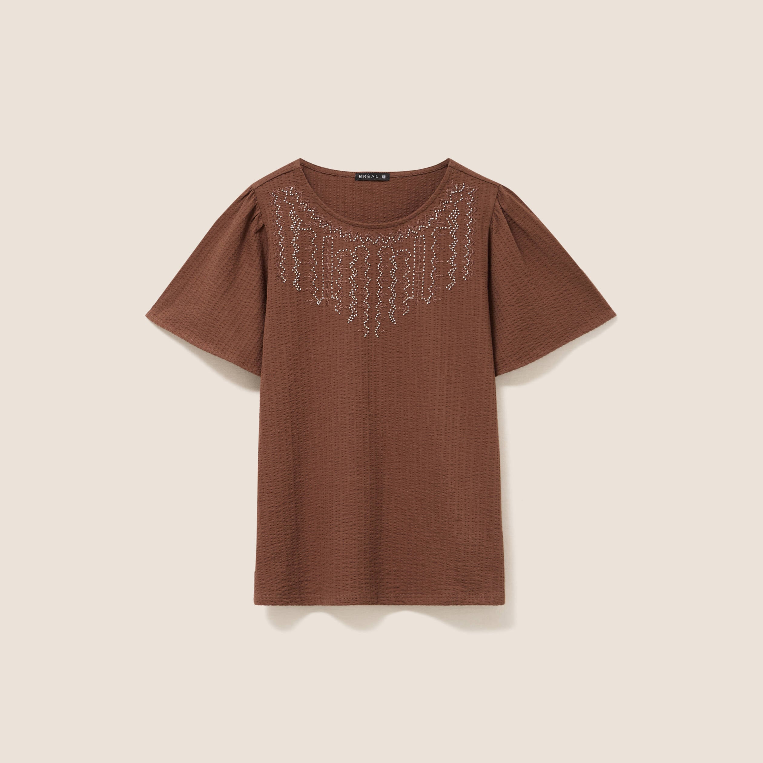 Blouse broderie col rond manches courtes marron femme