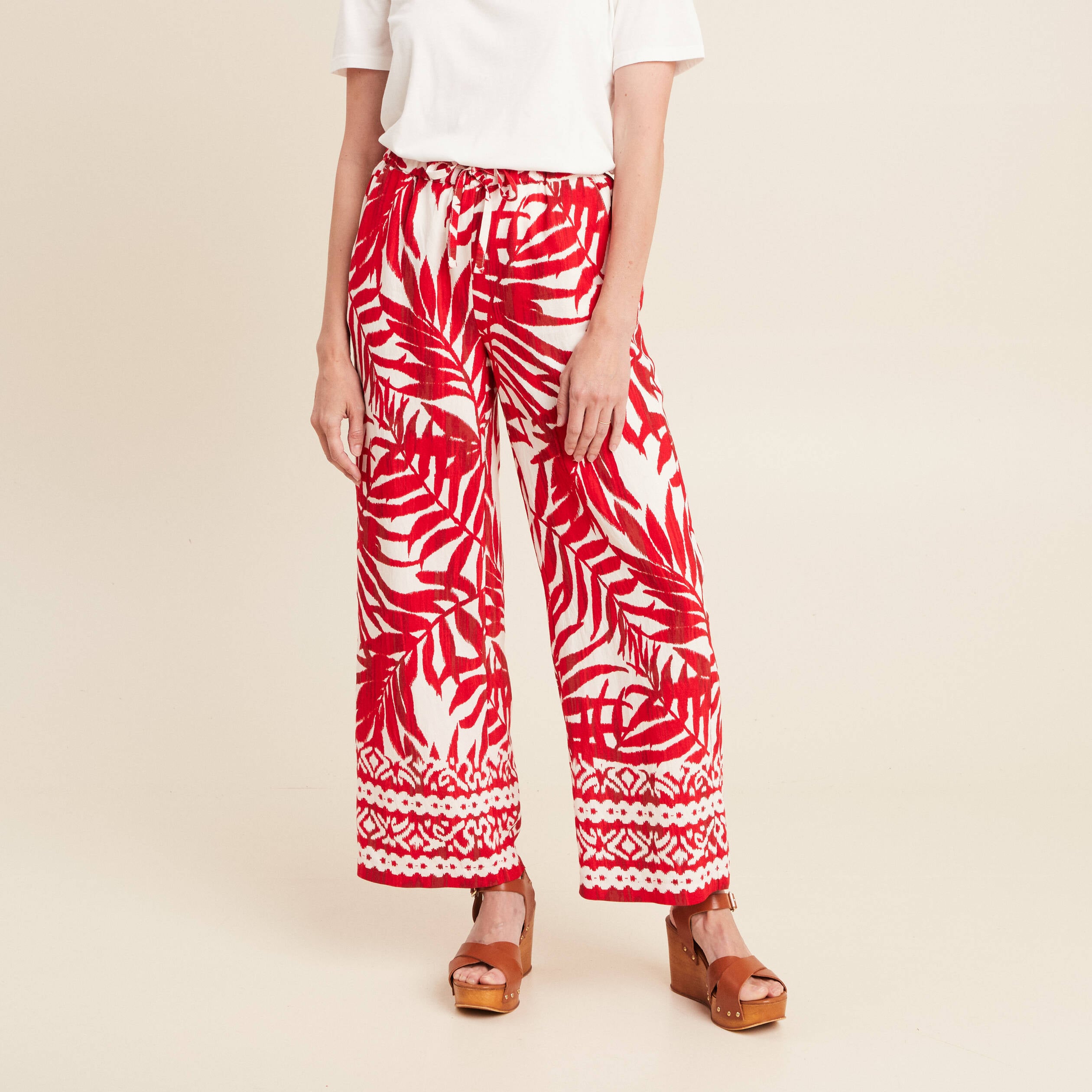 Pantalon large taille haute ecru femme