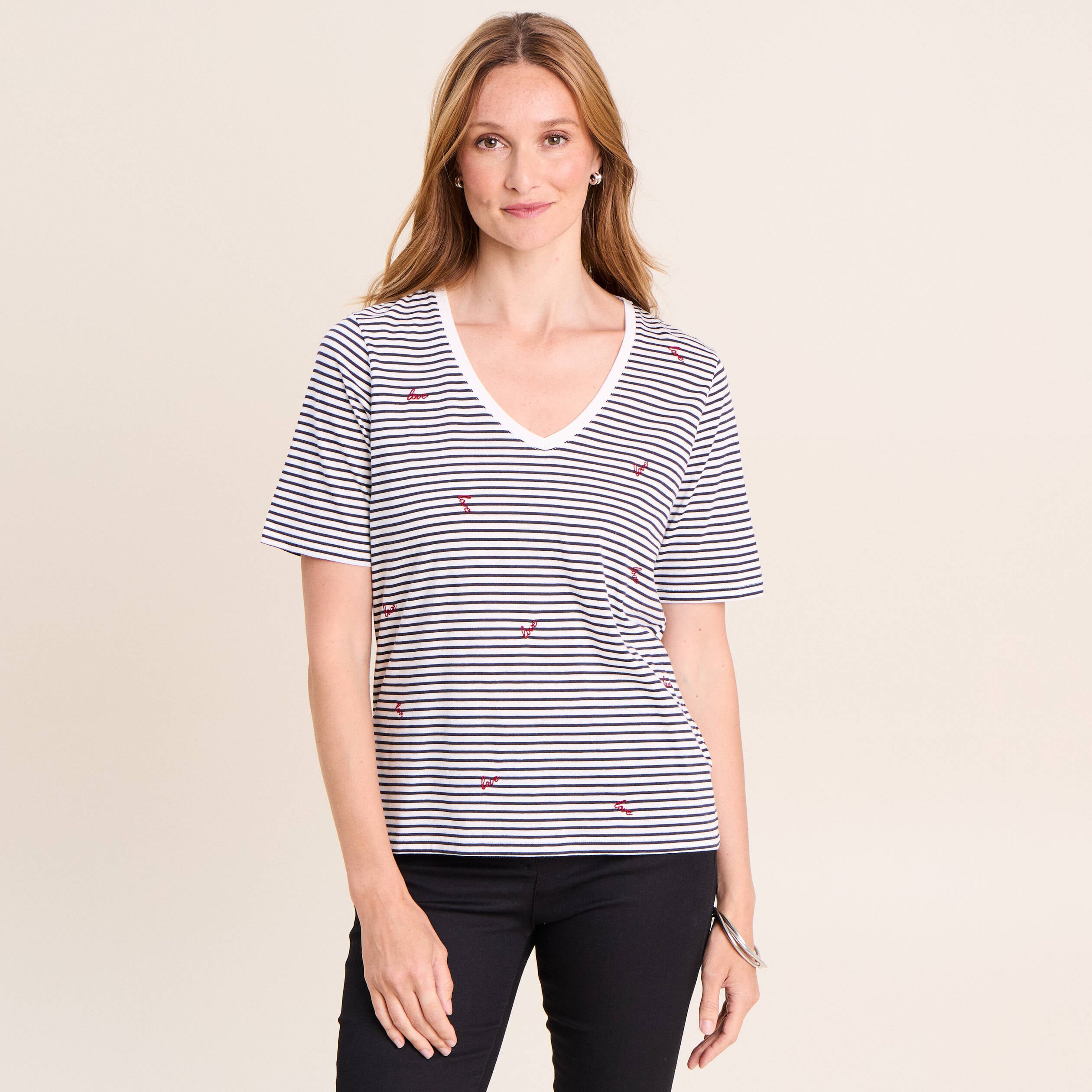 T-shirt droit broderie manches courtes bleu femme