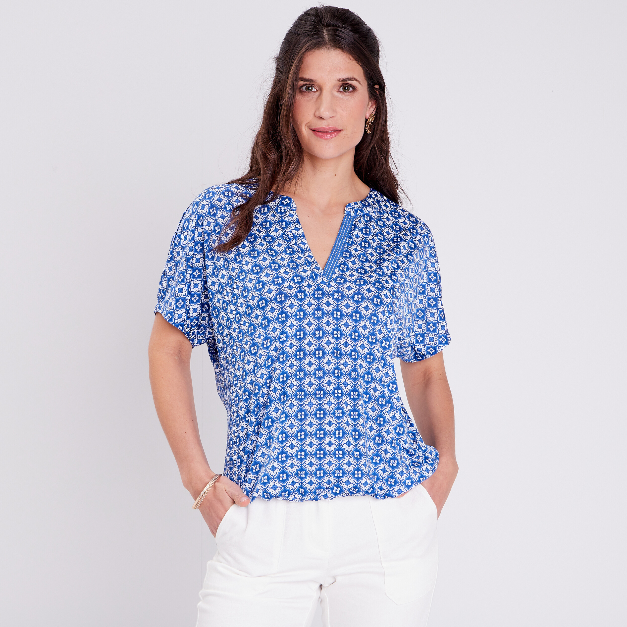T-shirt &agrave; manches courtes bleu fonc&eacute; femme