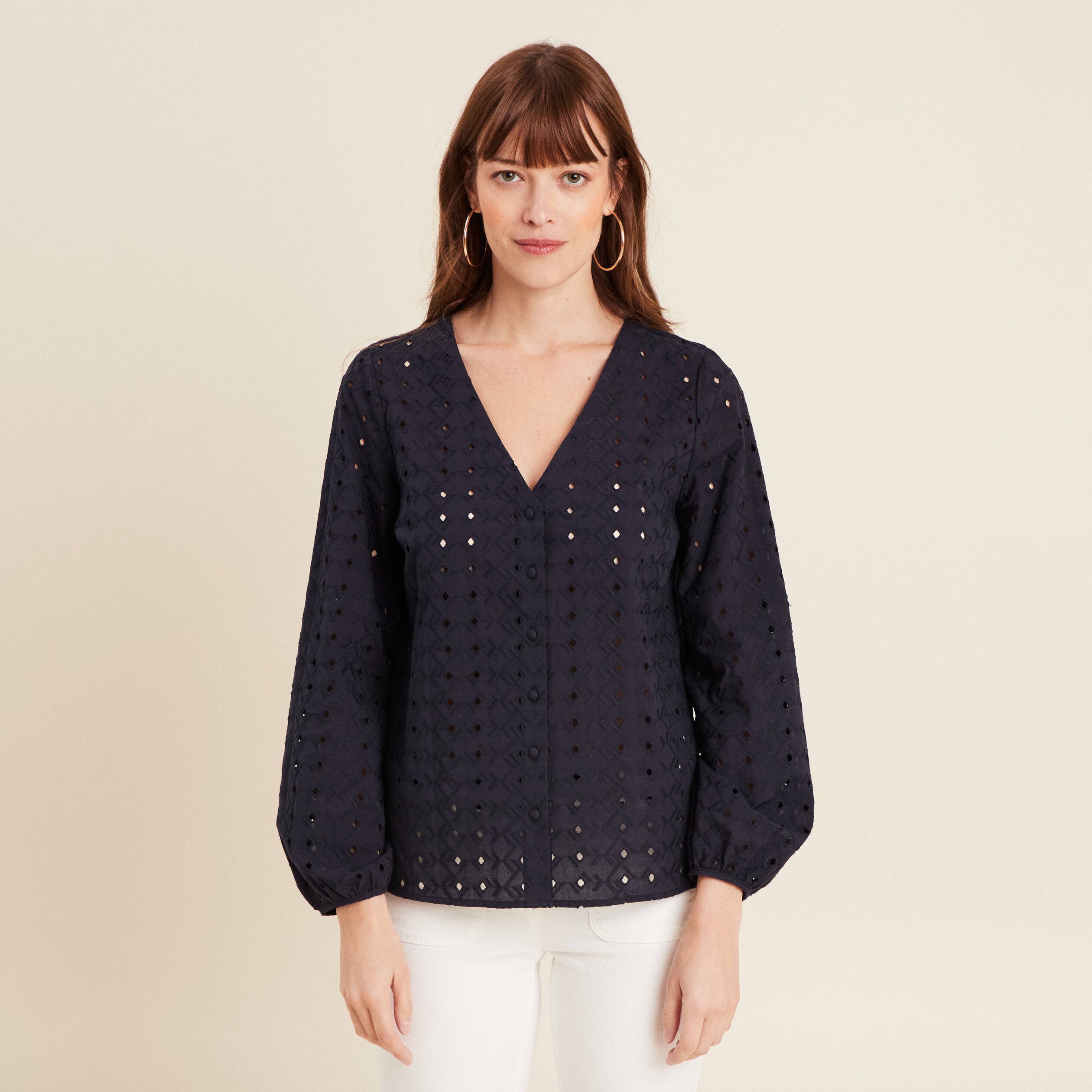 chemise manches 34 brodee bleu fonce femme Chemise manches 3/4 brodée bleu foncé femme