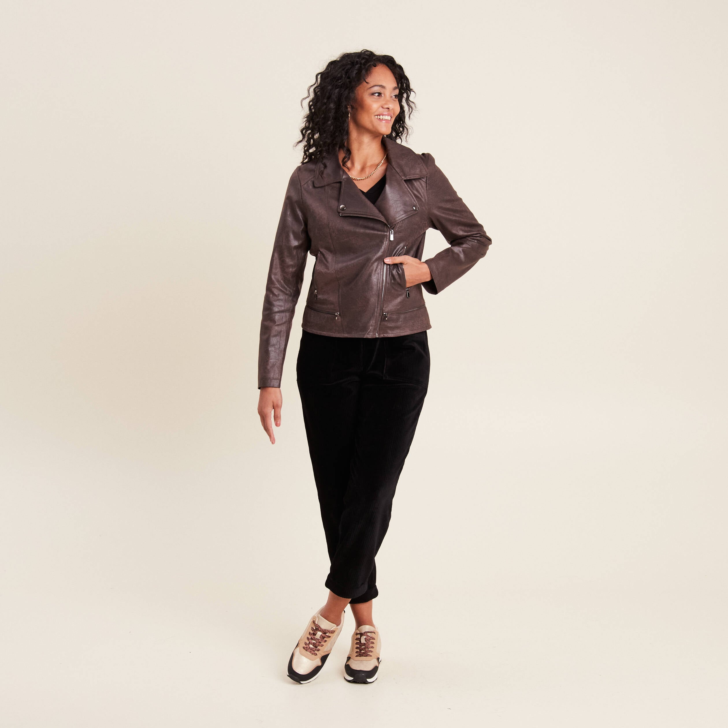 Veste esprit motard zipp&eacute;e marron fonc&eacute; femme