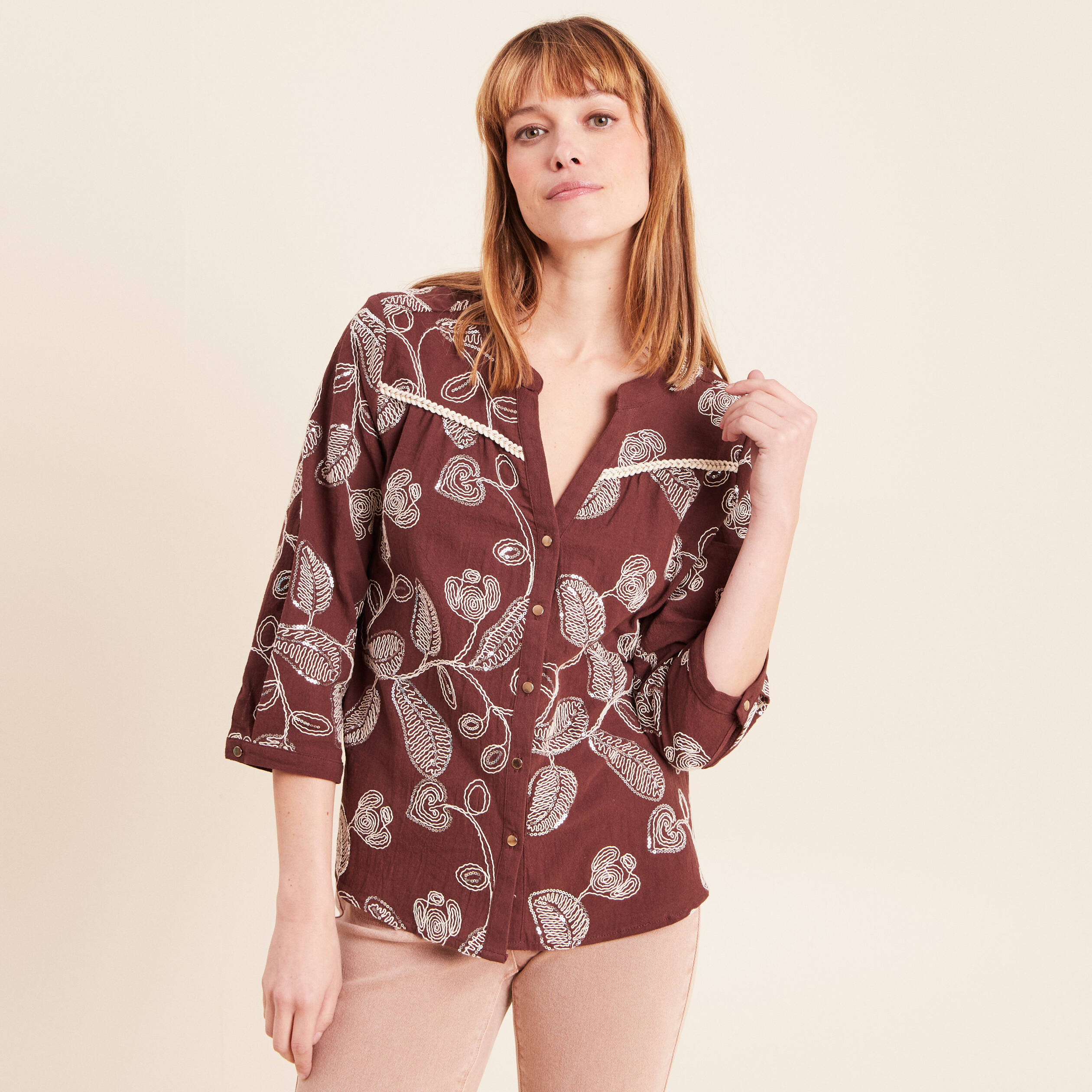 Blouse col tunisien manches 3/4 marron femme