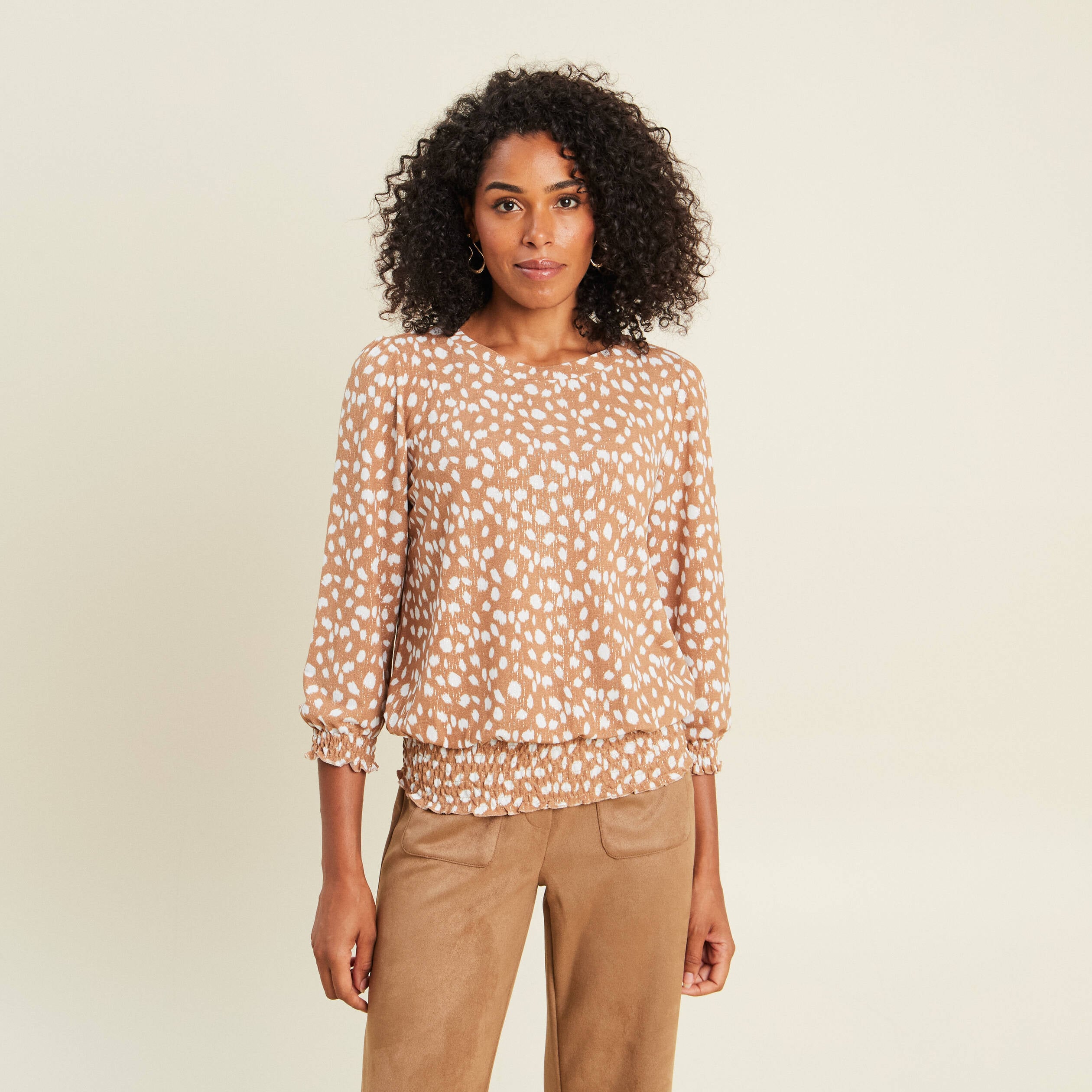 T-shirt col rond manches 3/4 marron femme