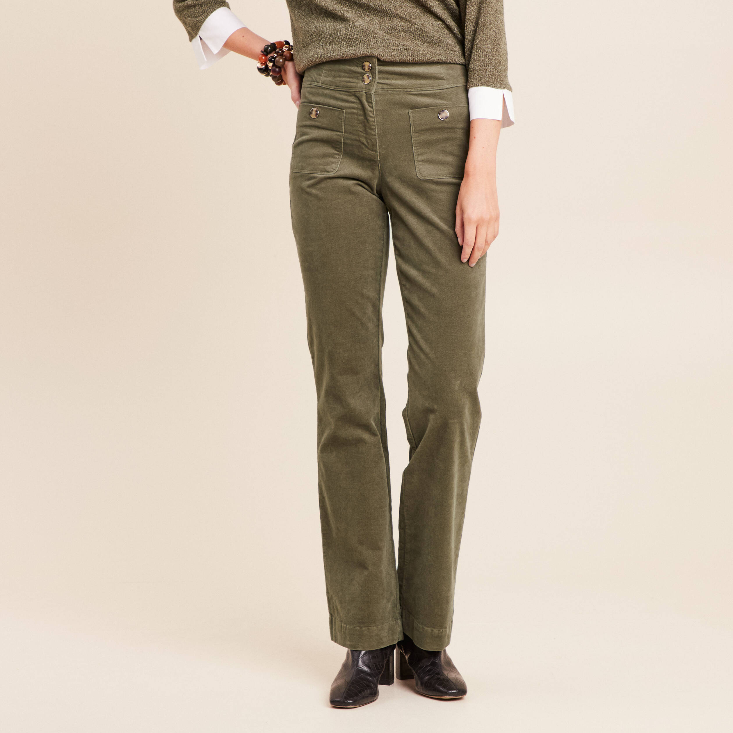 Pantalon bootcut taille haute velours vert kaki femme