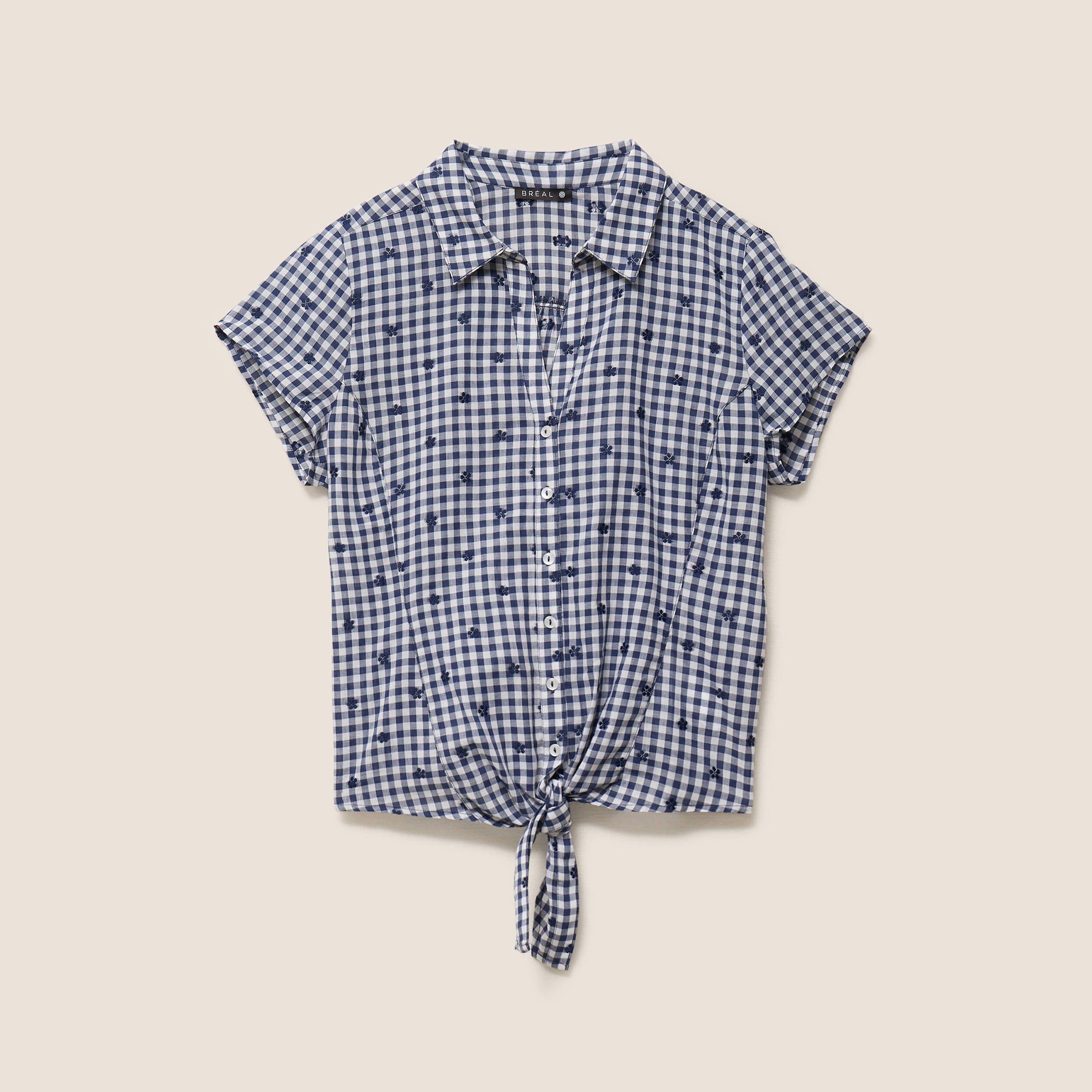 Chemise cintr&eacute;e col v manches courtes bleu femme