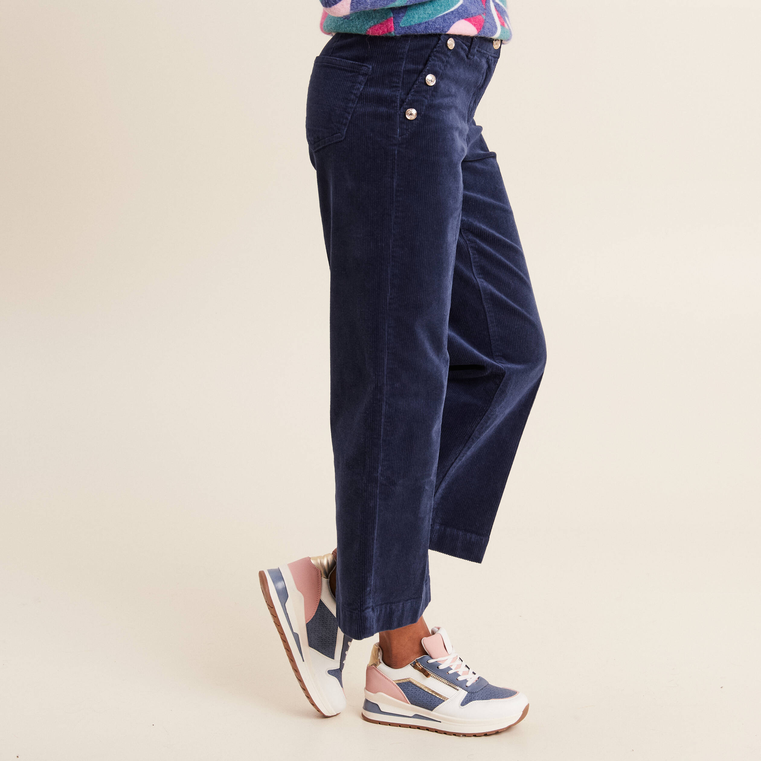Pantalon large velours c&ocirc;tel&eacute; bleu marine femme