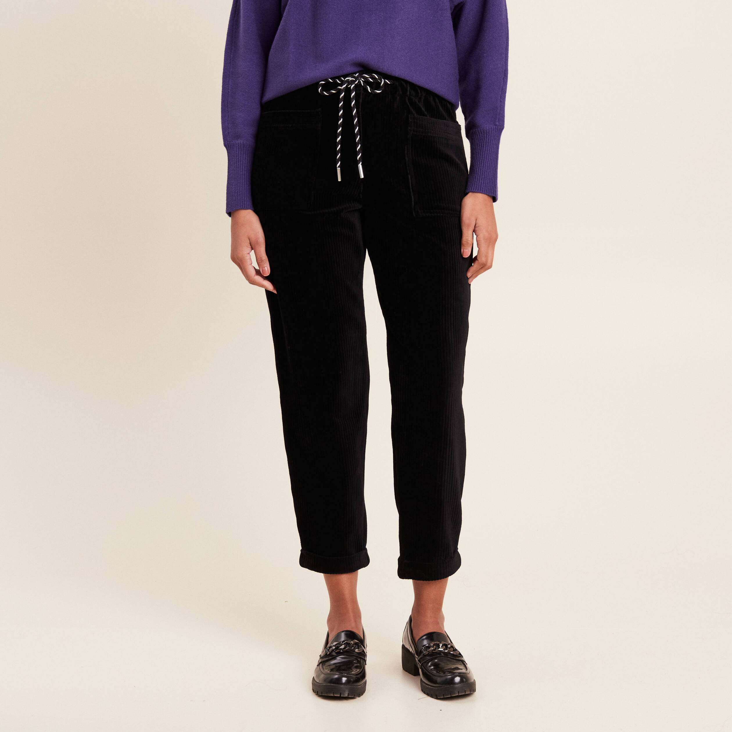 pantalon paperbag velours noir femme Pantalon paperbag velours noir femme