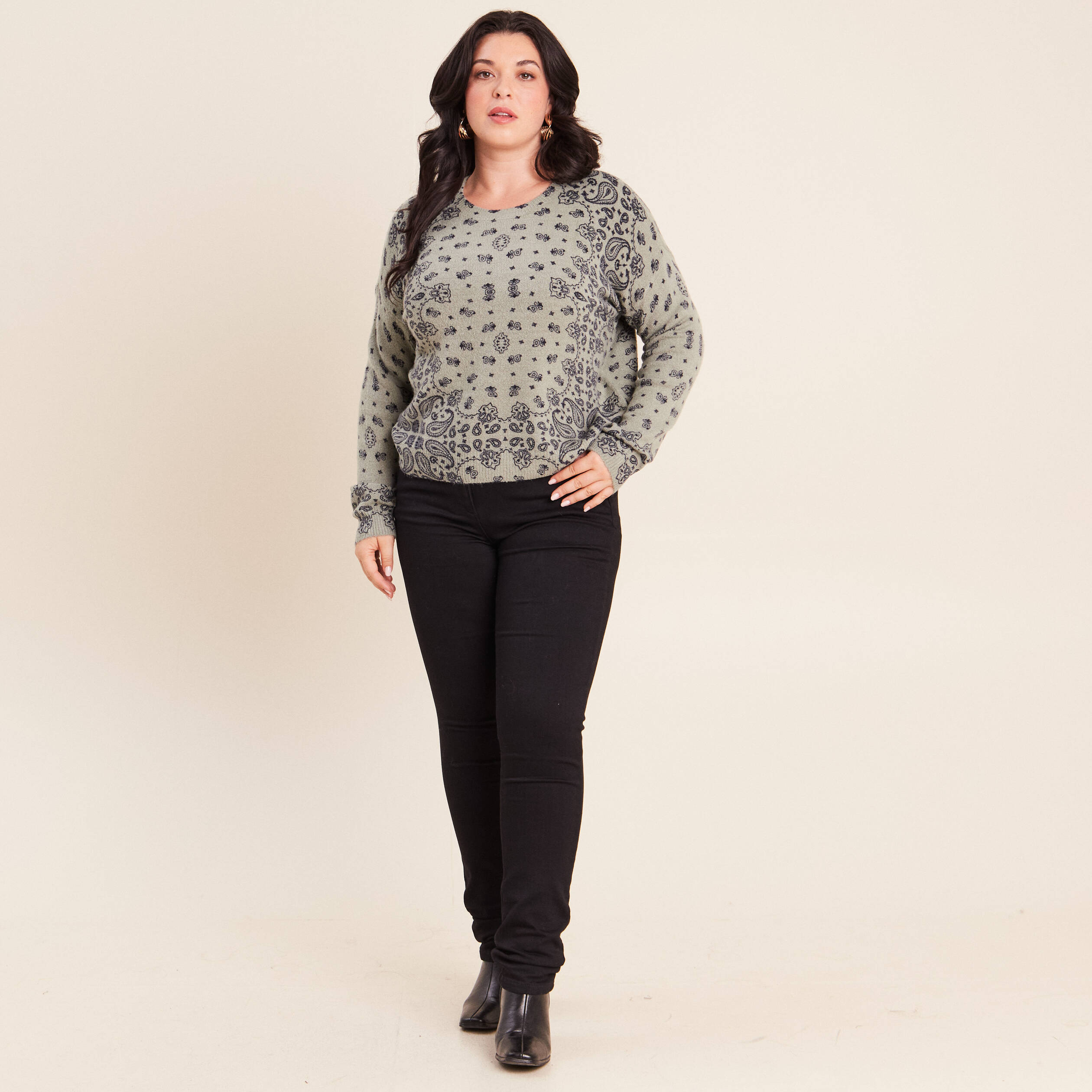 Pull col rond vert femme