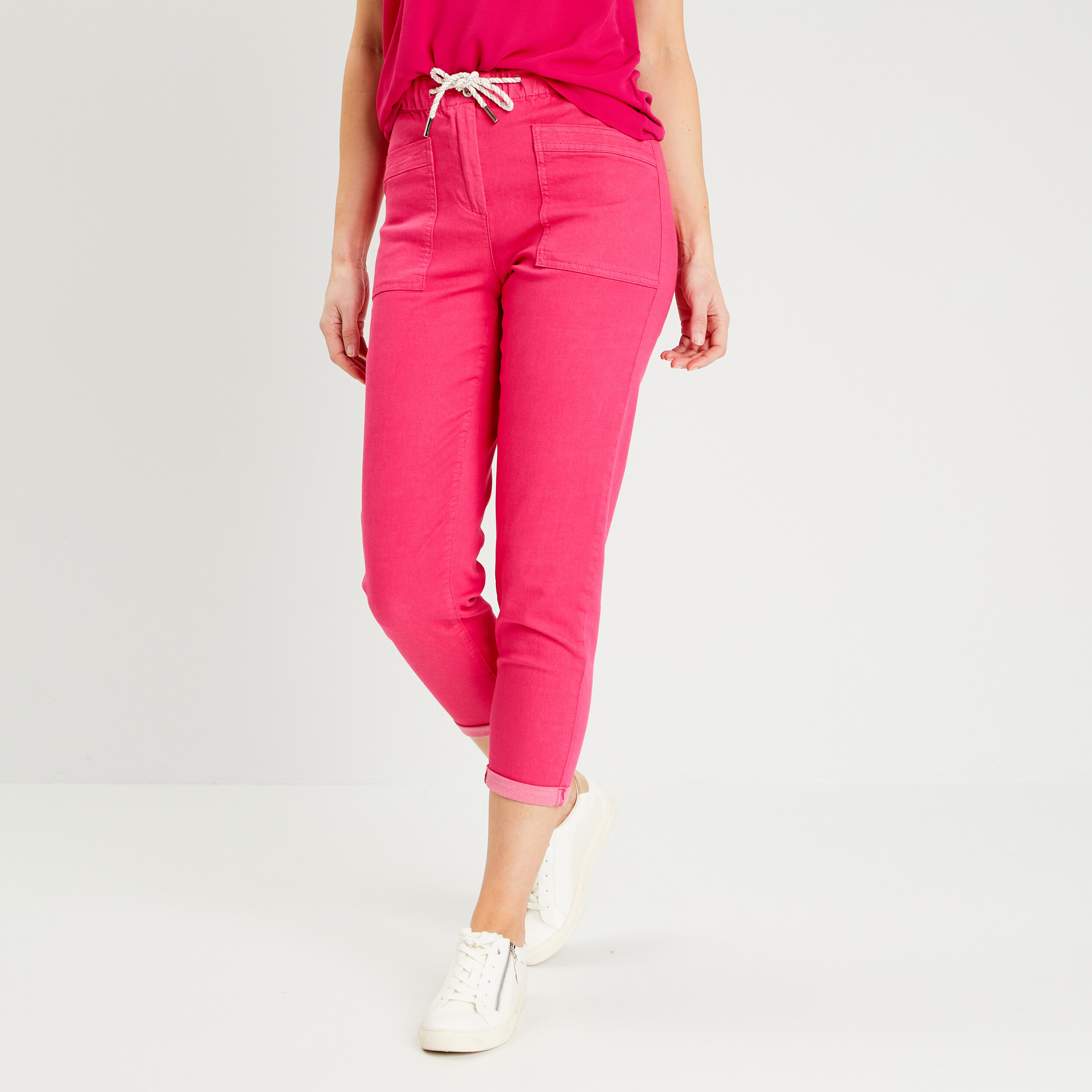 pantalon coupe droite a coulisse rose framboise femme Pantalon coupe droite à coulisse rose framboise femme