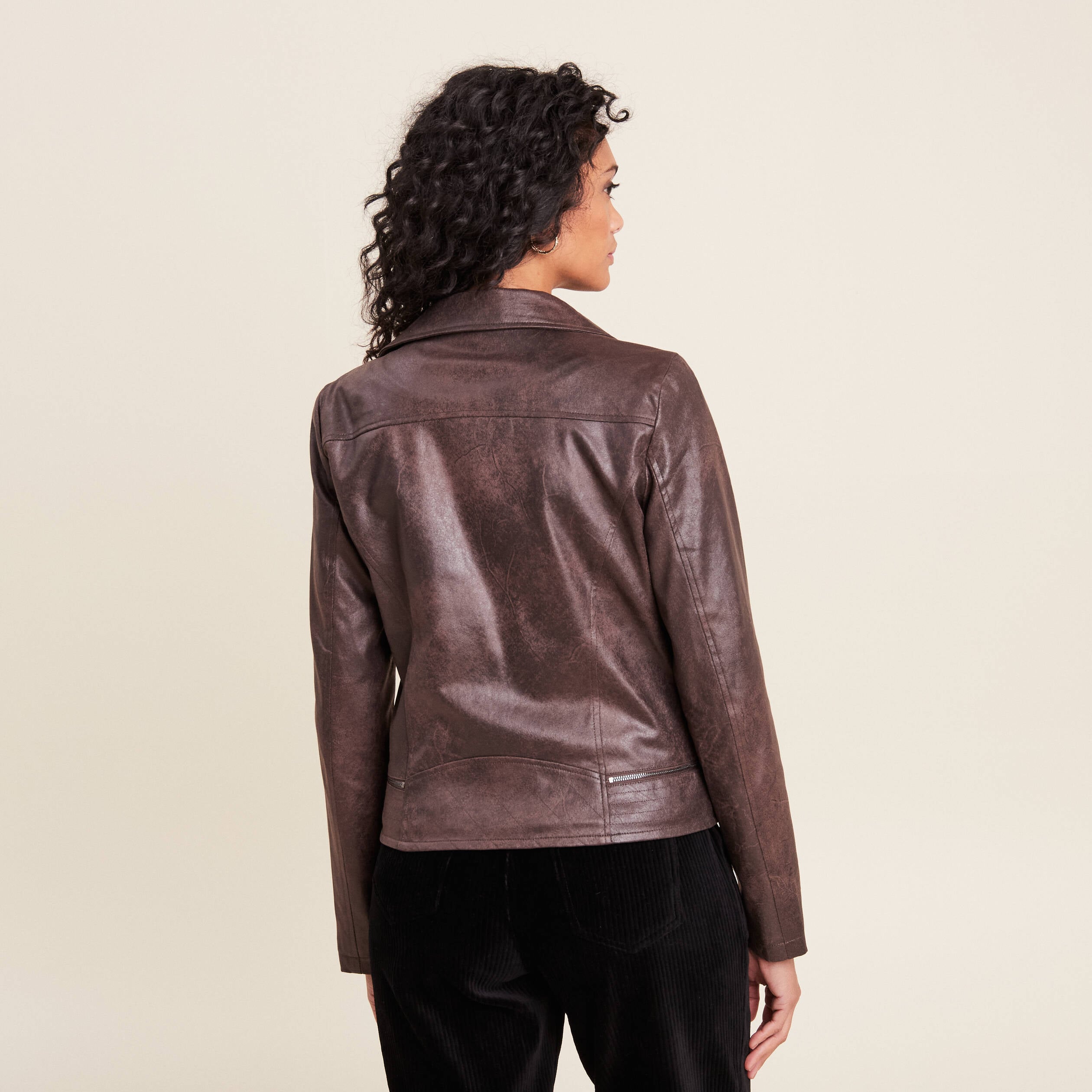 Veste esprit motard zipp&eacute;e marron fonc&eacute; femme