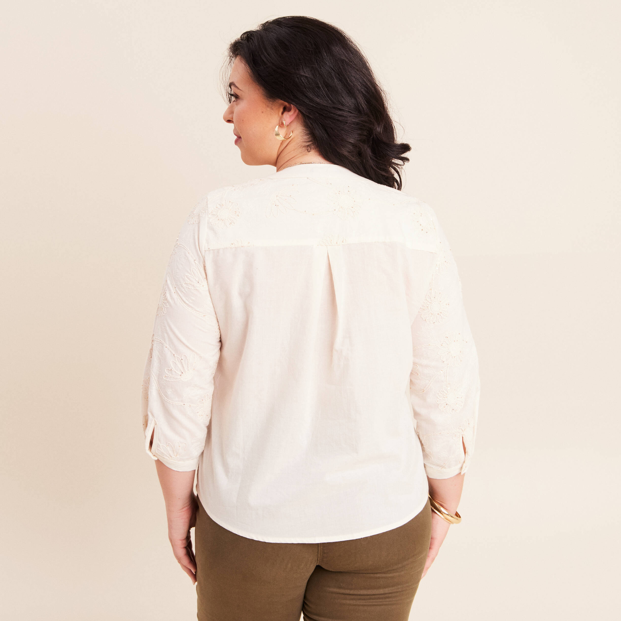Blouse col tunisien manches 3/4 ecru femme