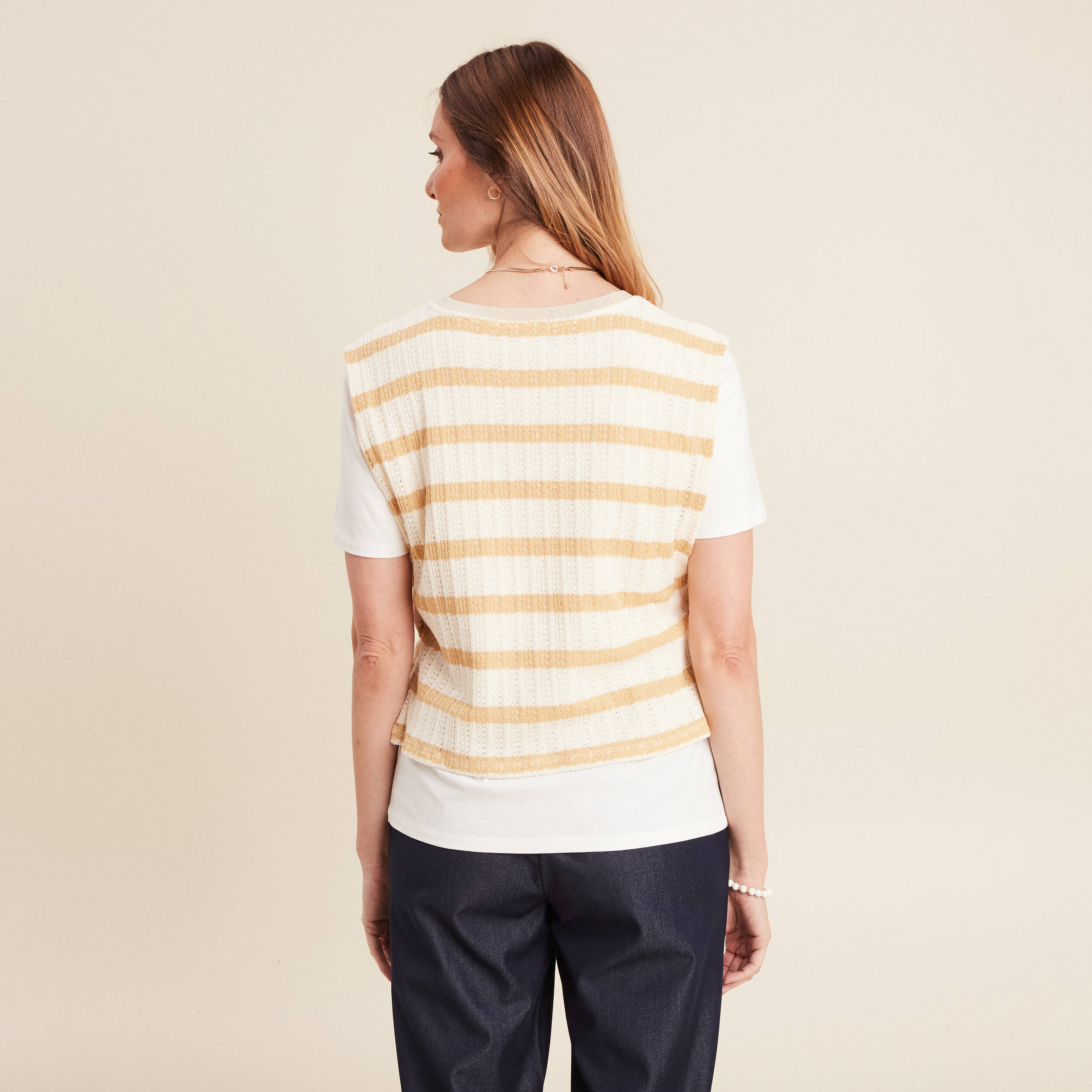 T-shirt effet 2 en 1 manches courtes beige femme