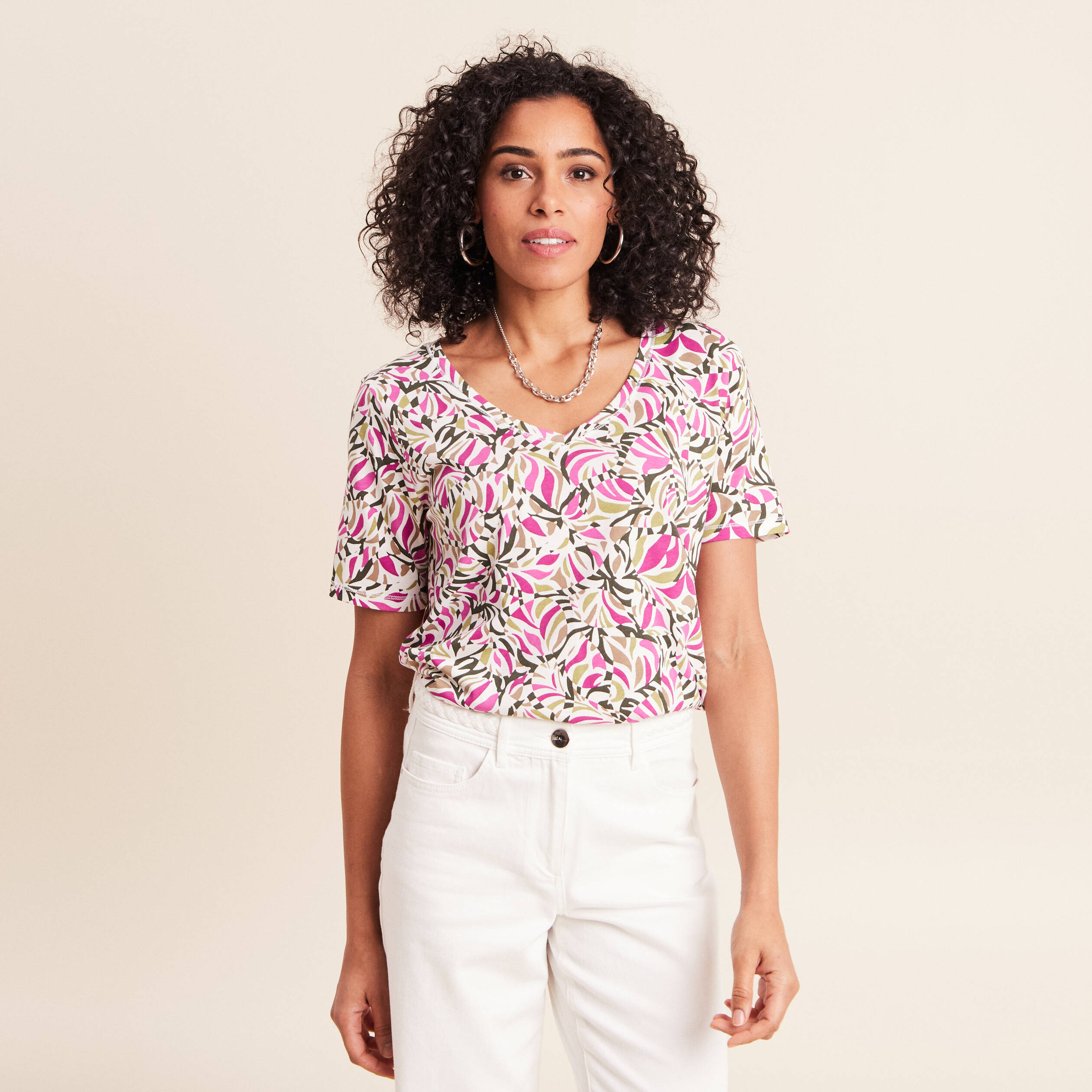 T-shirt col V manches courtes vert kaki femme