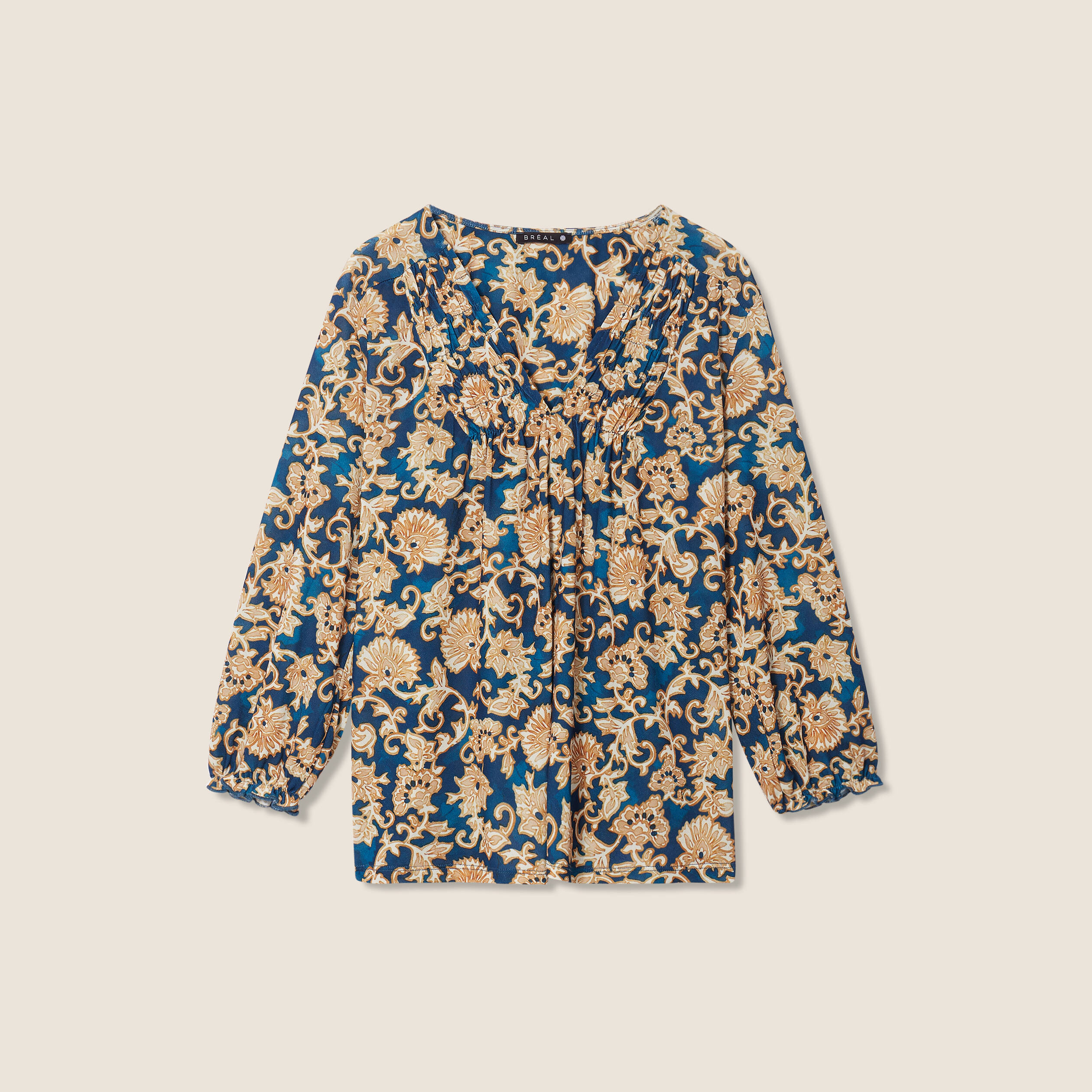 blouse manches 34 col smocke bleu fonce femme Blouse manches 3/4 col smocké bleu foncé femme