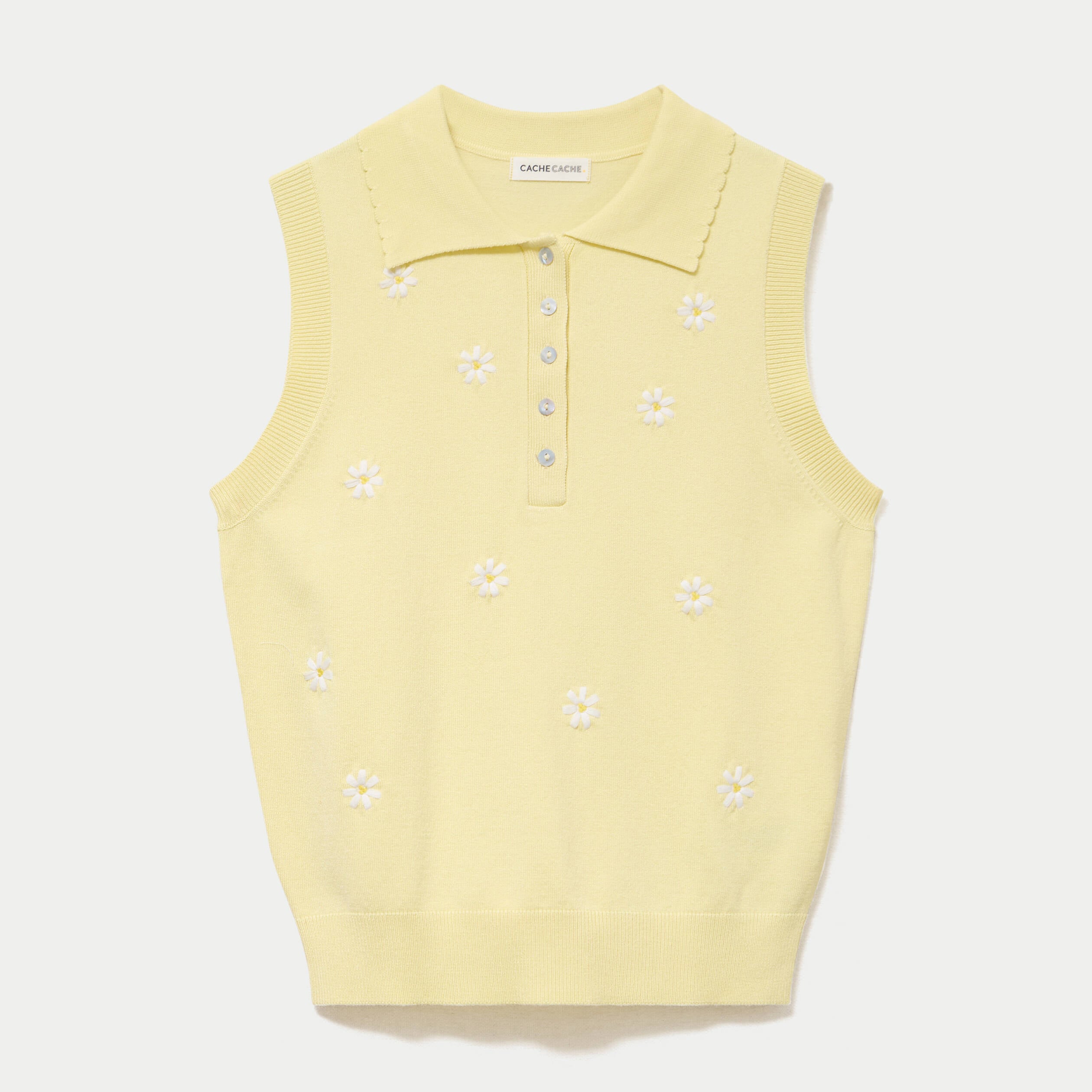 Polo sans manches col chemise brod&eacute; jaune clair femme
