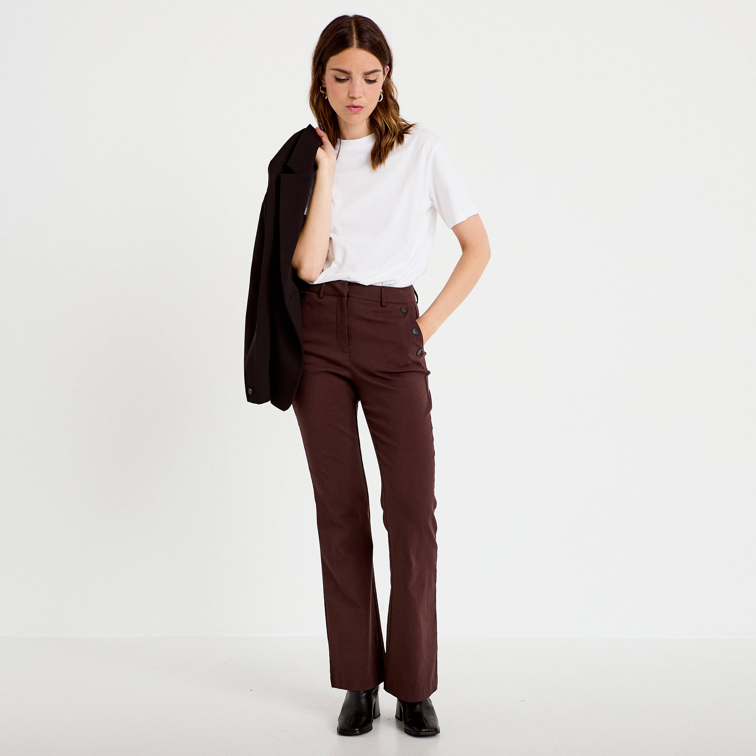 Pantalon bootcut &agrave; pont marron fonc&eacute; femme