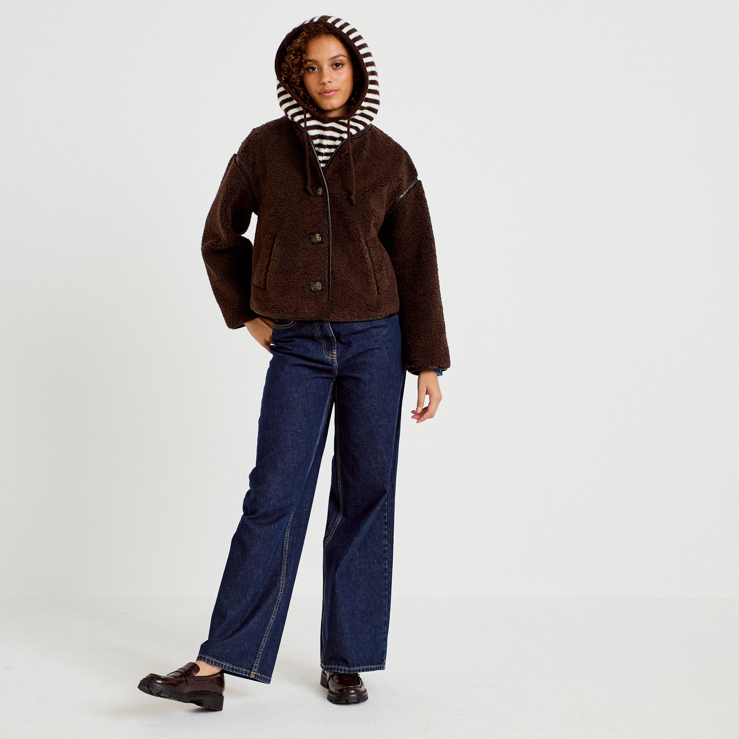 Veste effet polaire manches longues marron fonc&eacute; femme