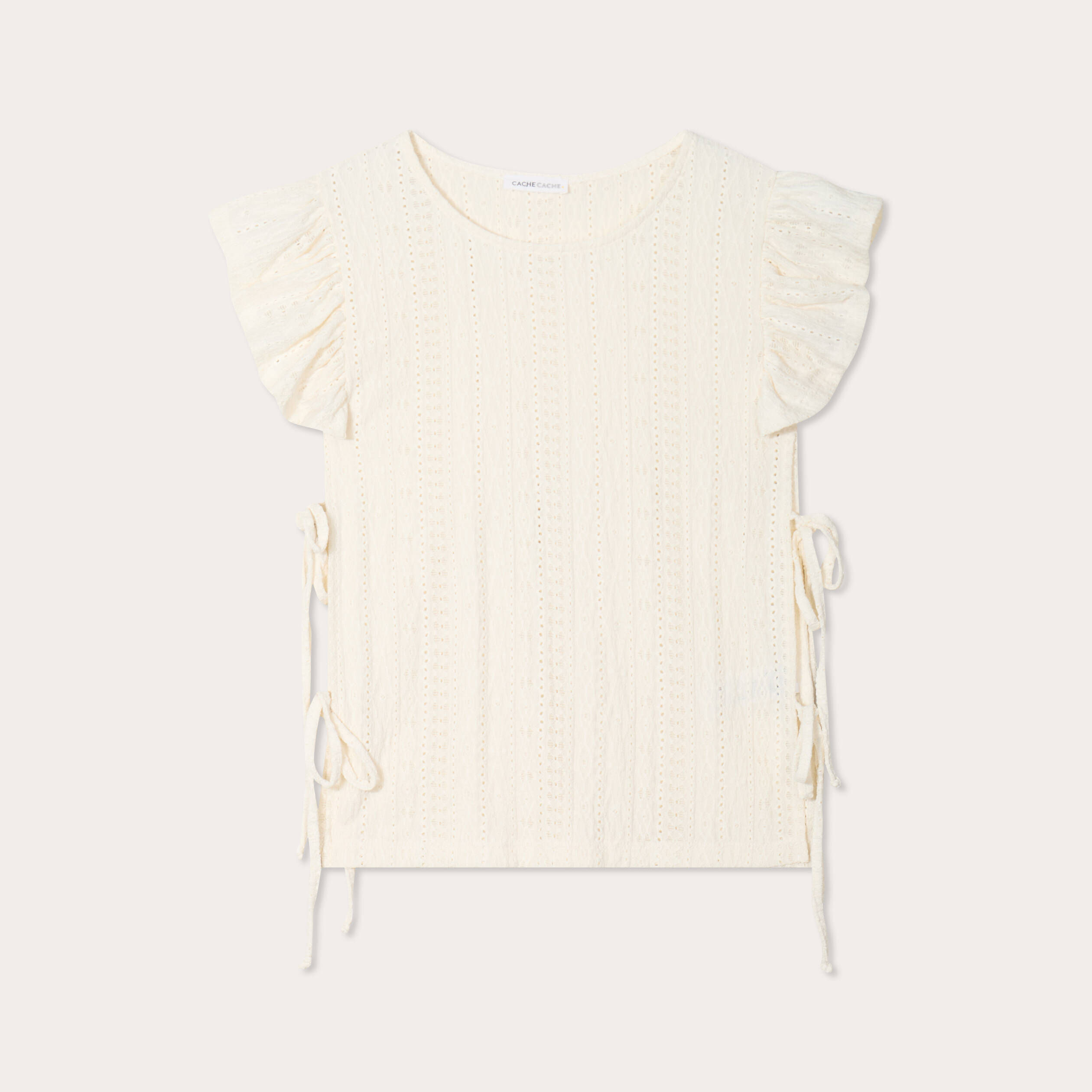 T-shirt brod&eacute; avec volants ecru femme