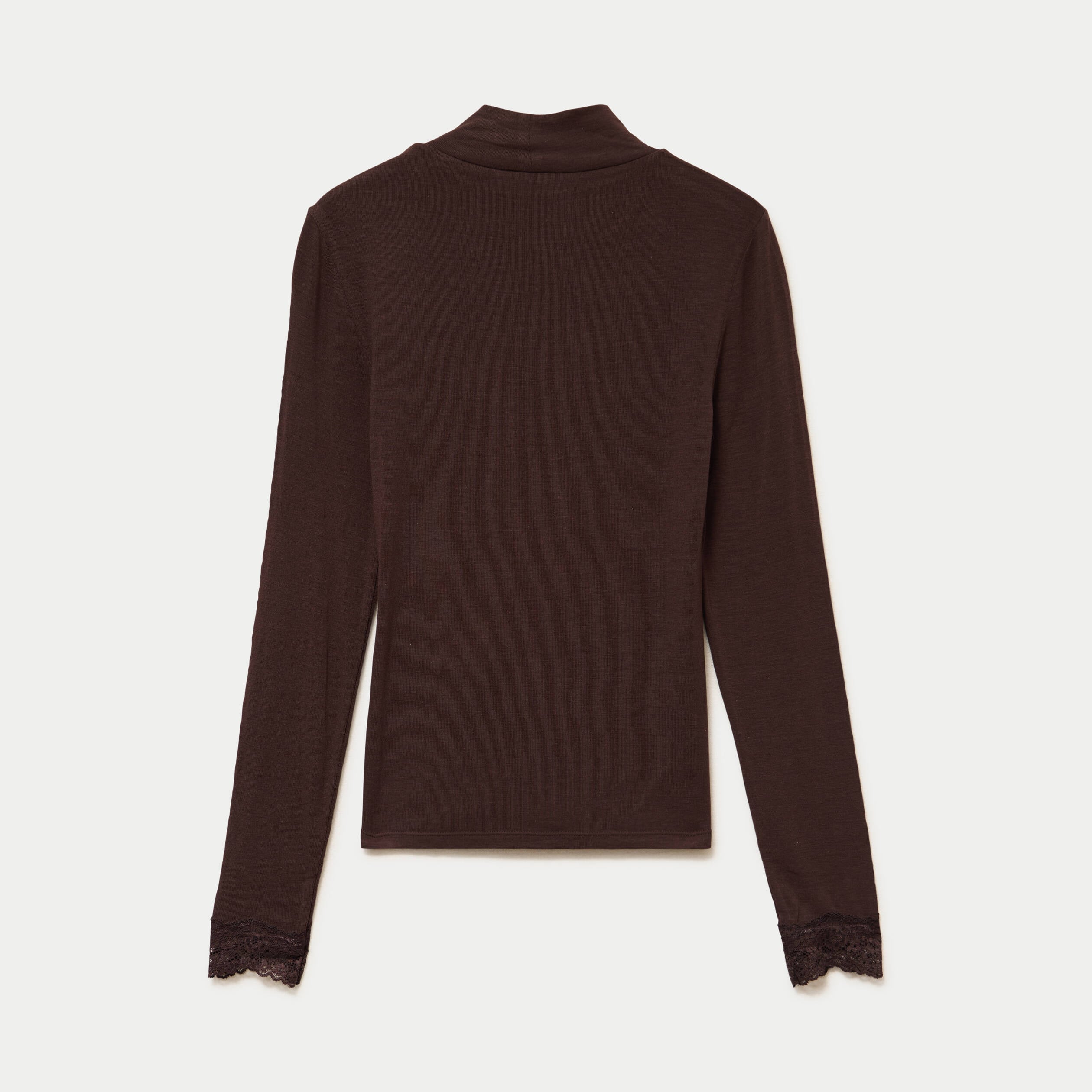 T-shirt ajust&eacute; col roul&eacute; dentelle marron fonc&eacute; femme
