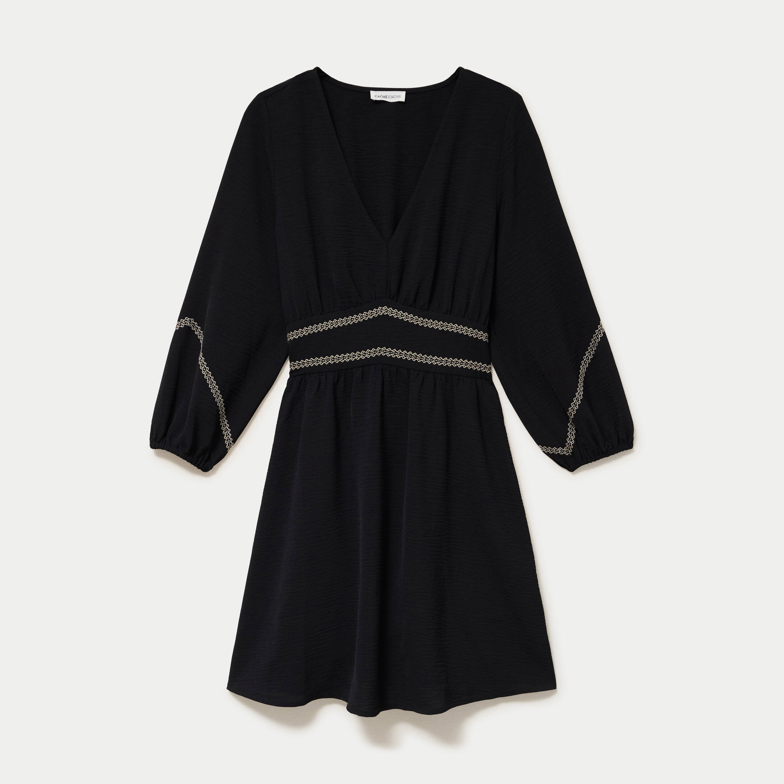 Robe courte &eacute;vas&eacute;e col v manches 3/4 noir femme