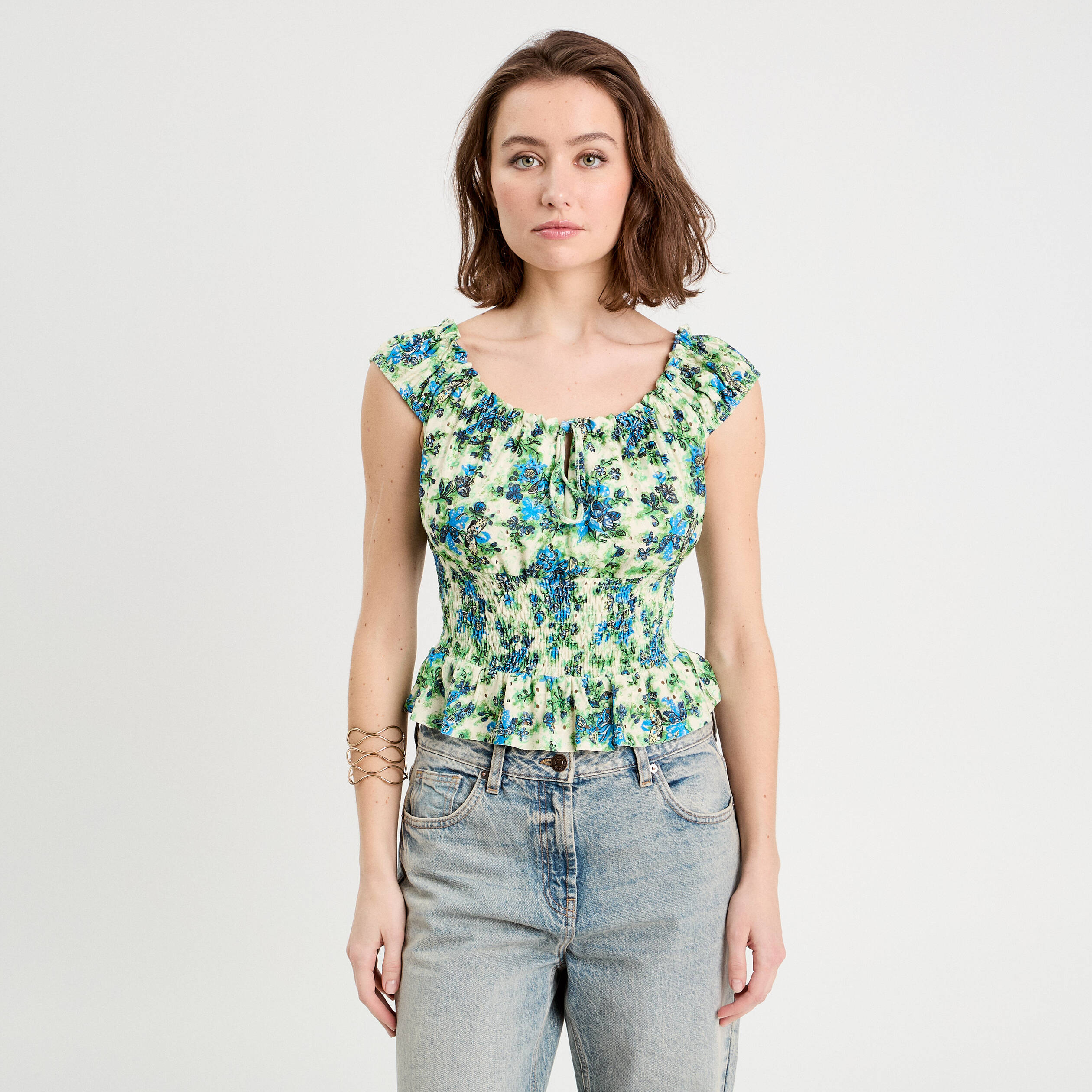 Blouse smock&eacute;e manches courtes blanc femme