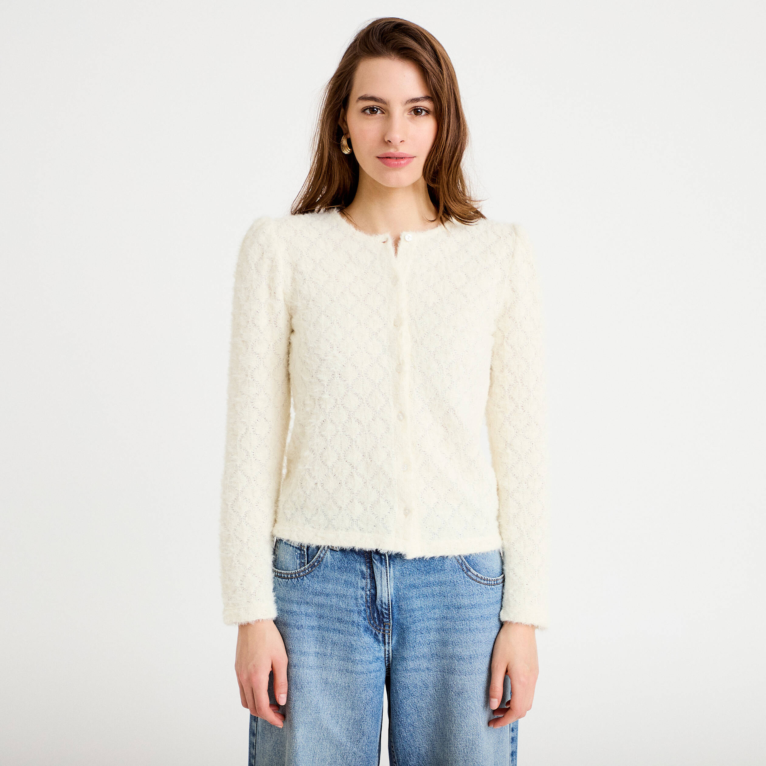 Gilet duveteux manches longues col rond ecru femme
