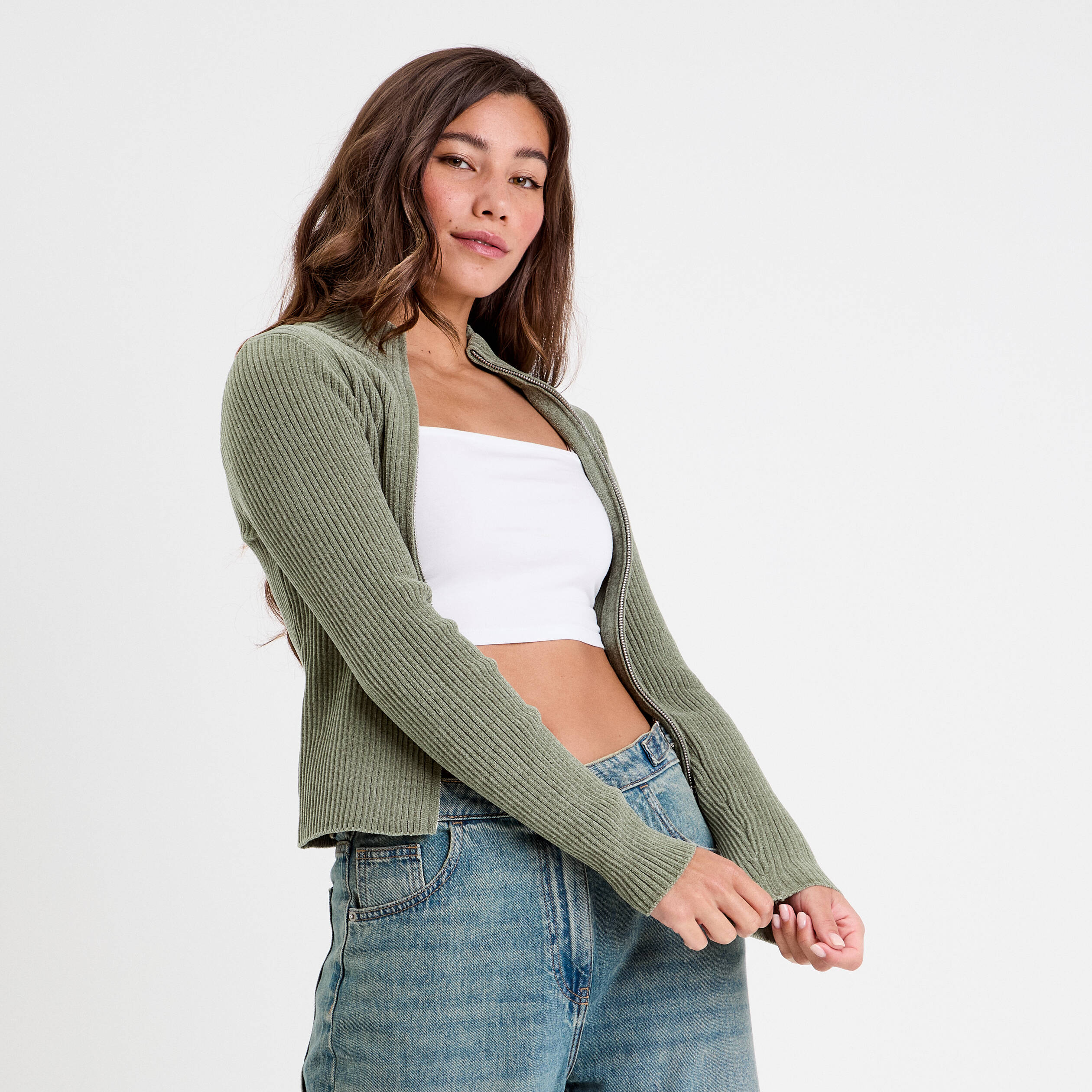 Gilet court ajusté velours col montant vert kaki femme Vibs