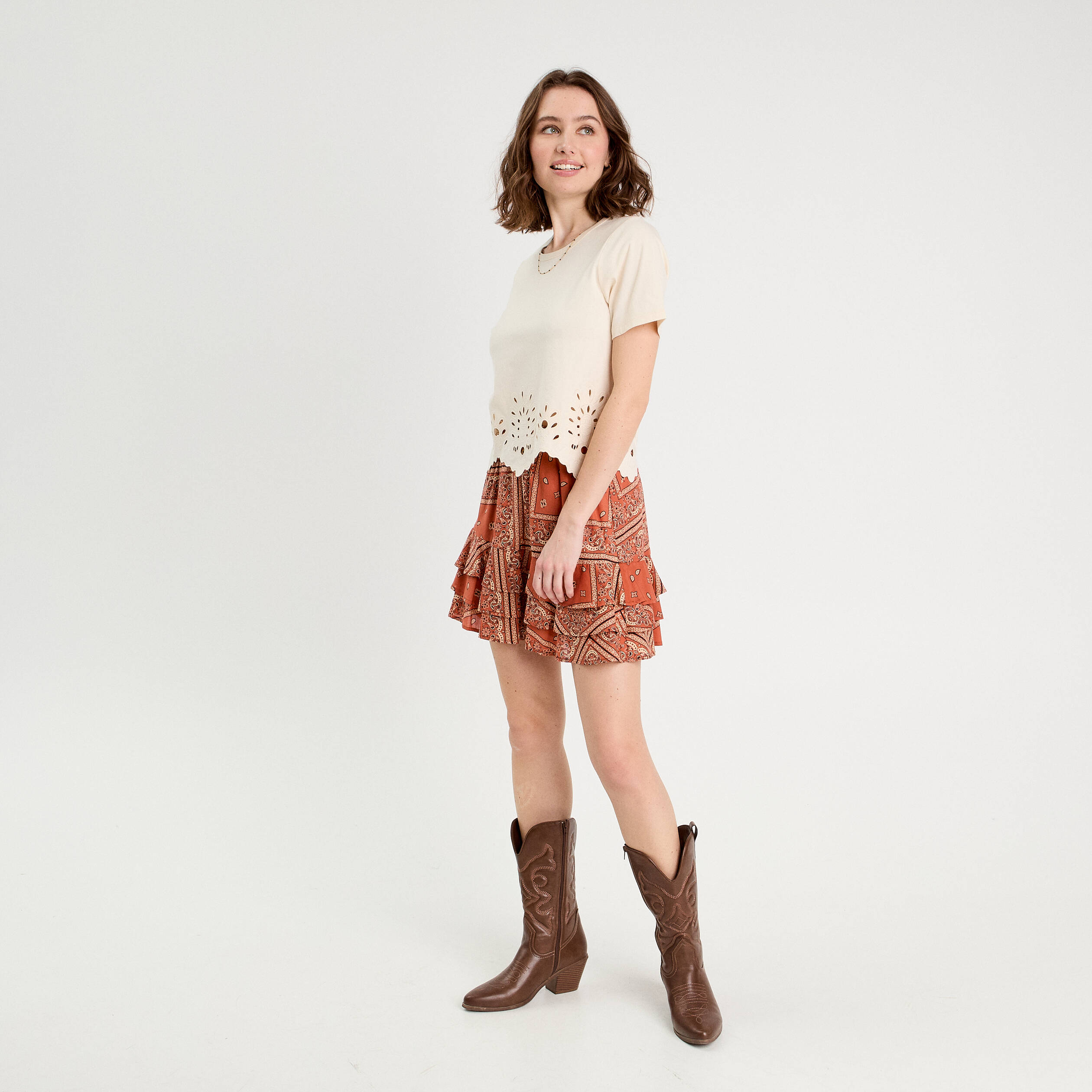 T-shirt broderie anglaise ecru femme