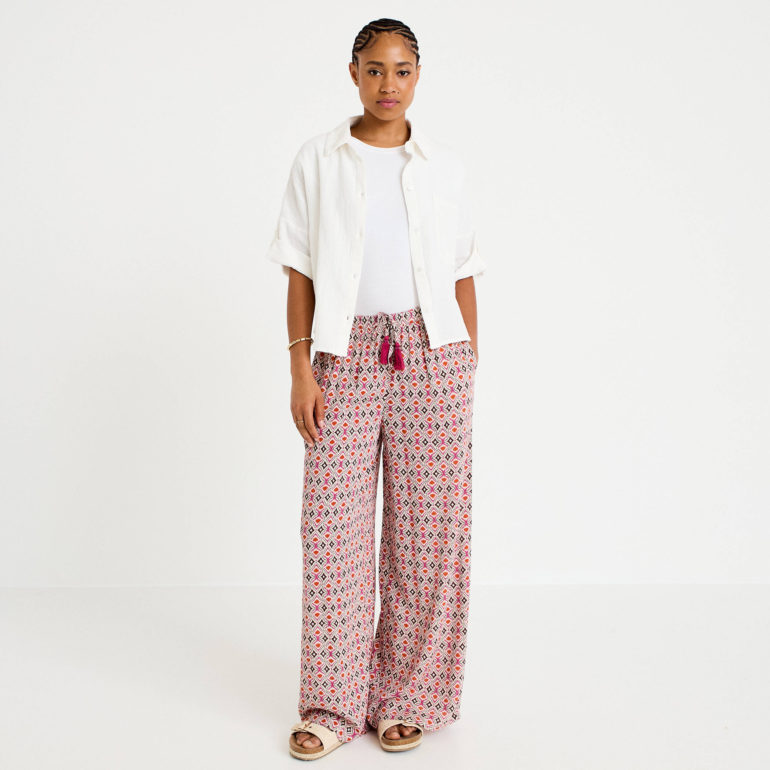 Pantalon large taille standard blanc femme