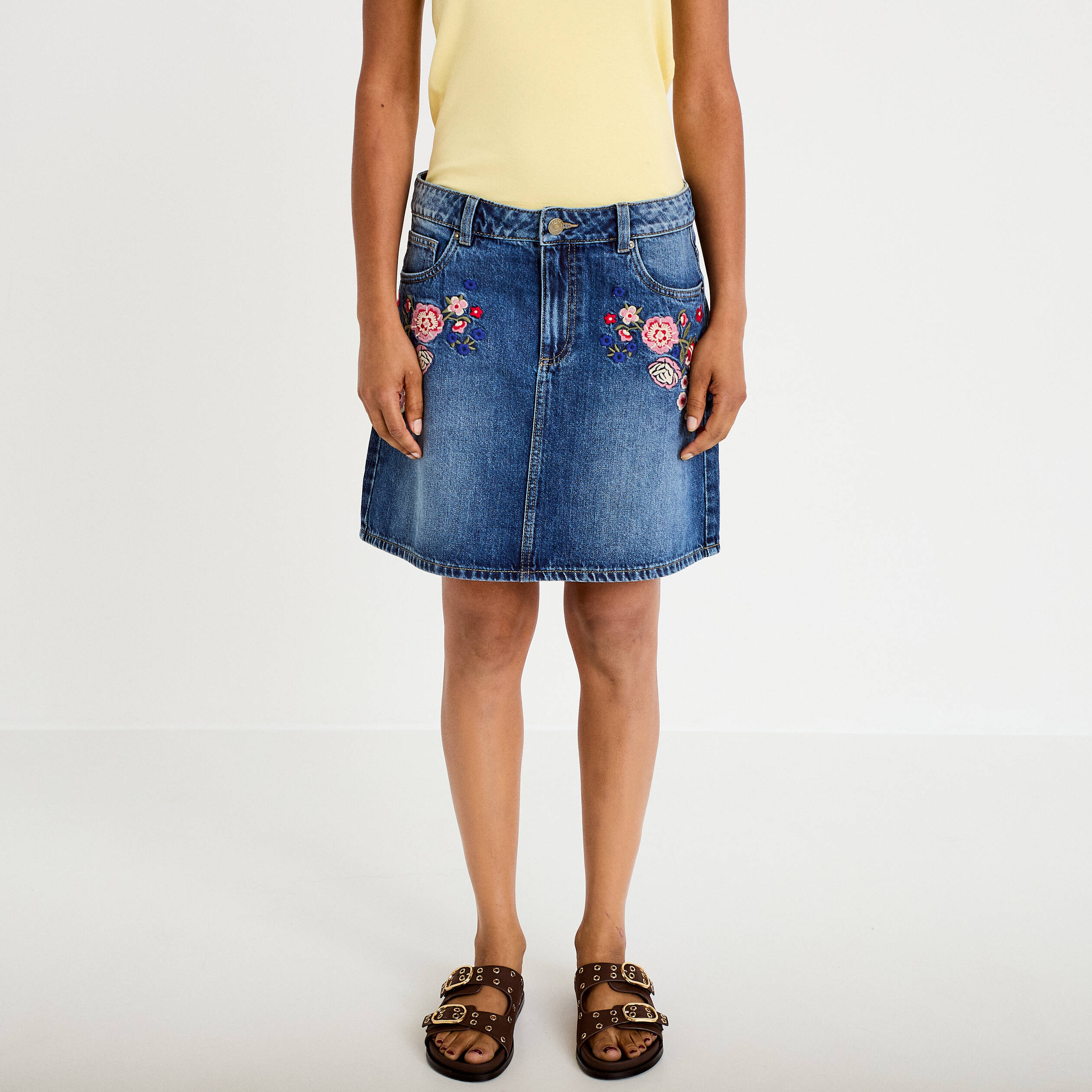 Jupe droite courte en jean denim stone femme