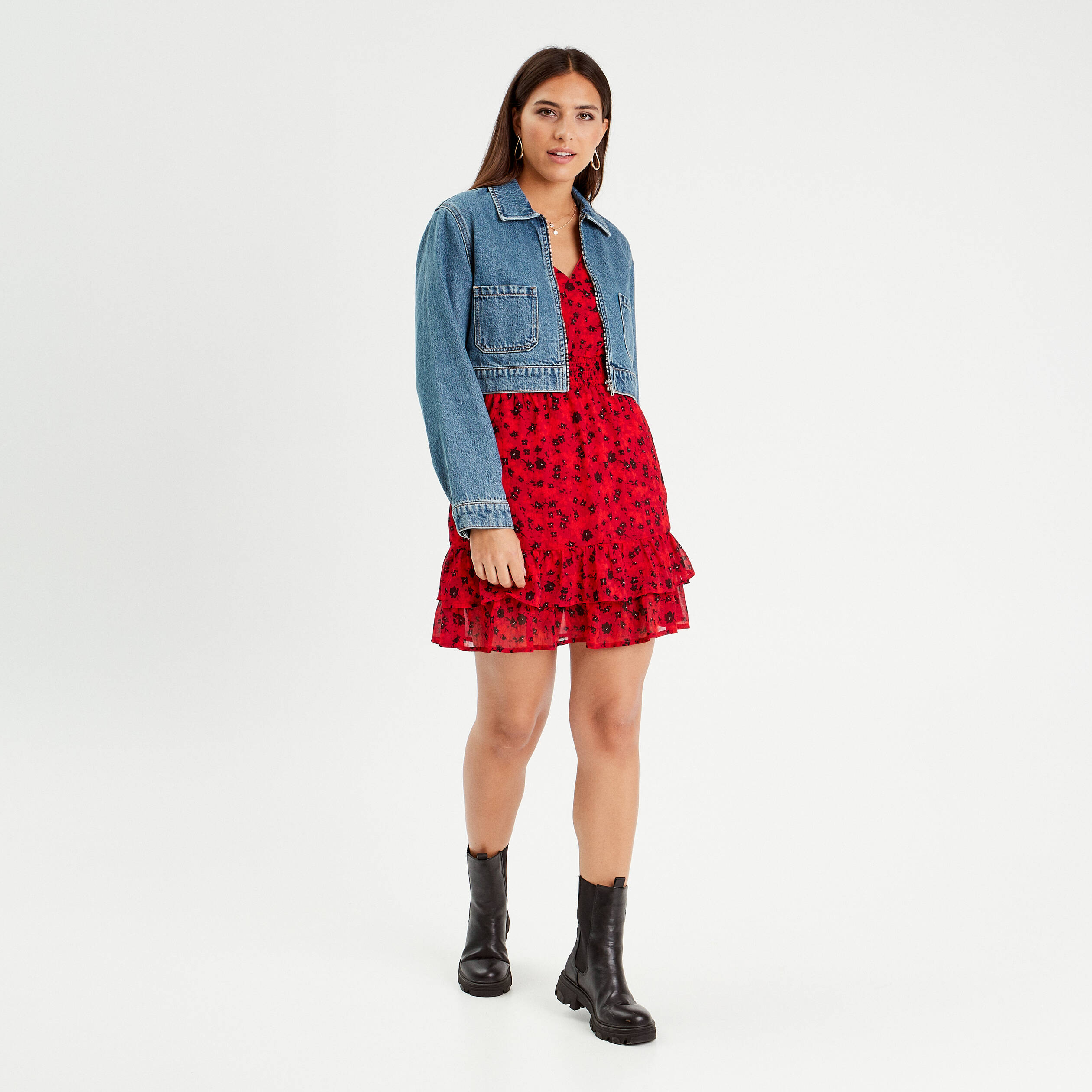Robe &eacute;vas&eacute;e &agrave; volants rouge femme