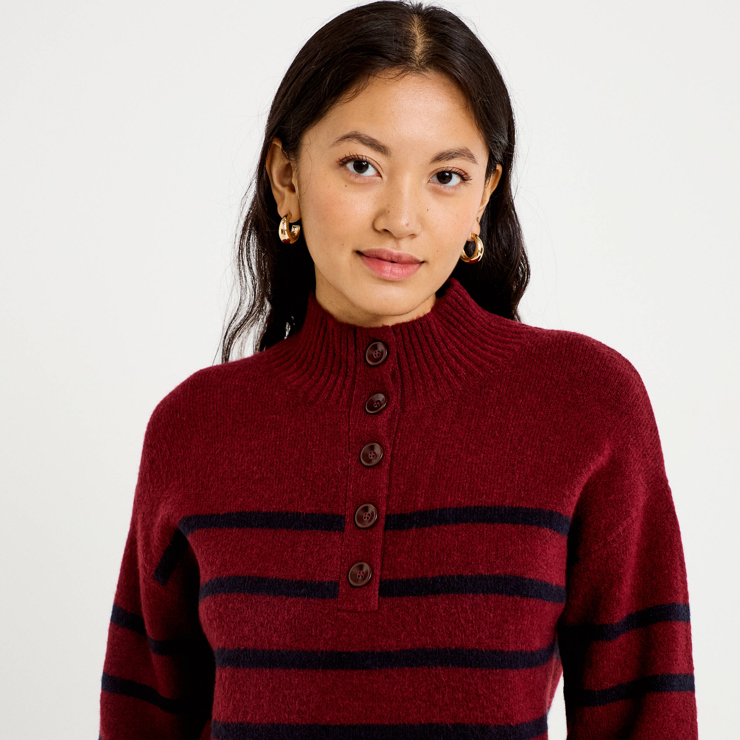 Robe pull droite manches longues 3/4 rouge fonc&eacute; femme