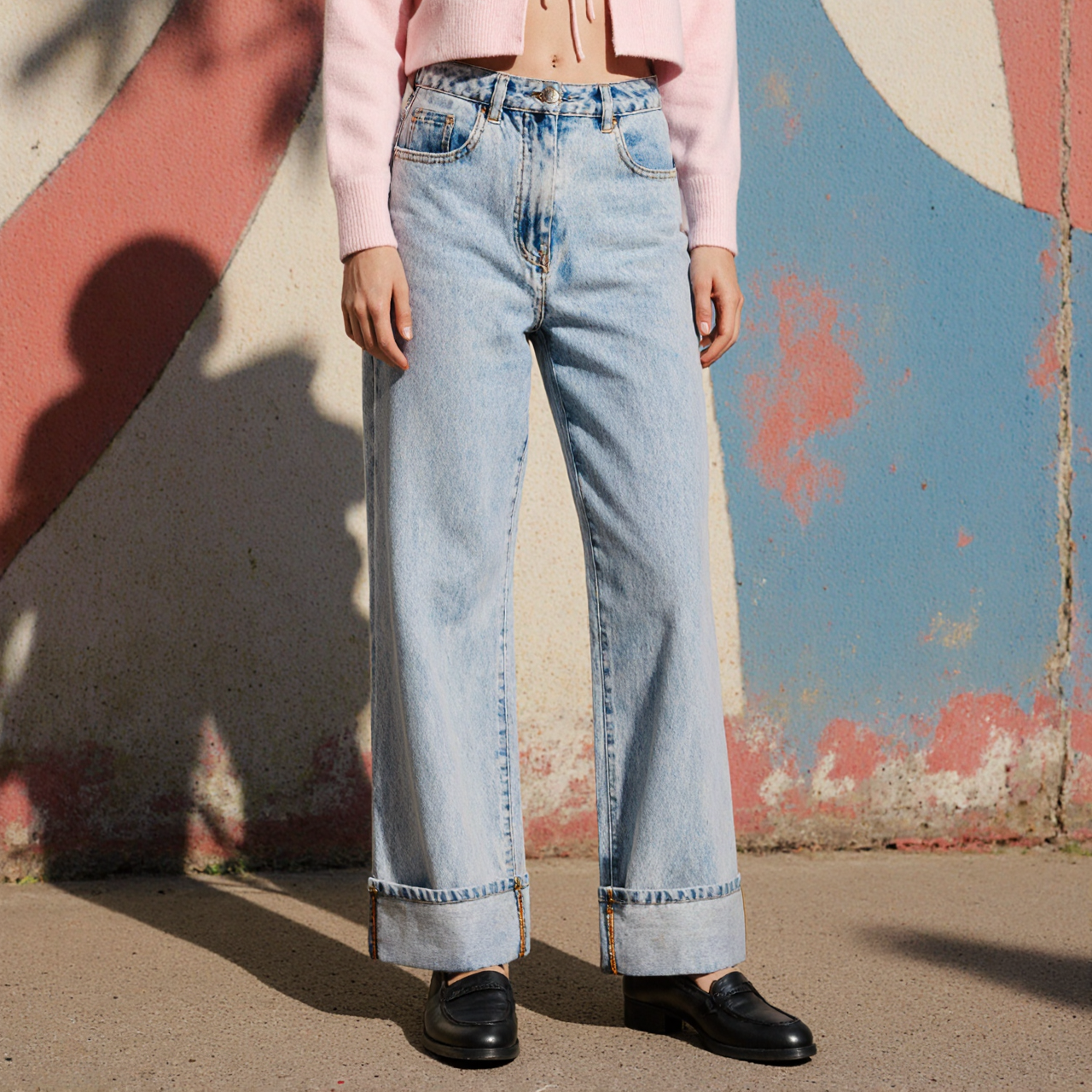 jeans droit a revers denim bleach femme Jeans droit à revers denim bleach femme