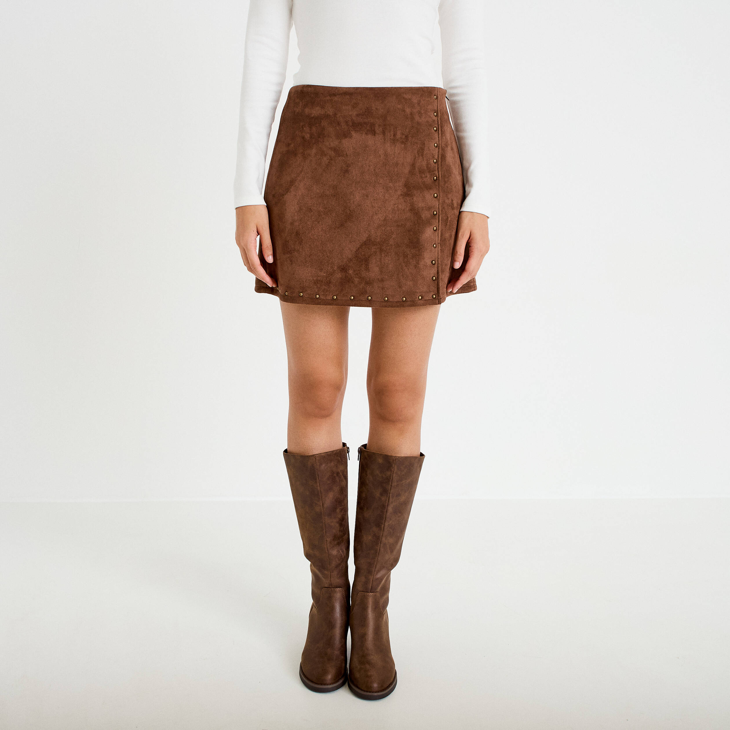 Jupe-short trap&egrave;ze taille haute daim marron femme