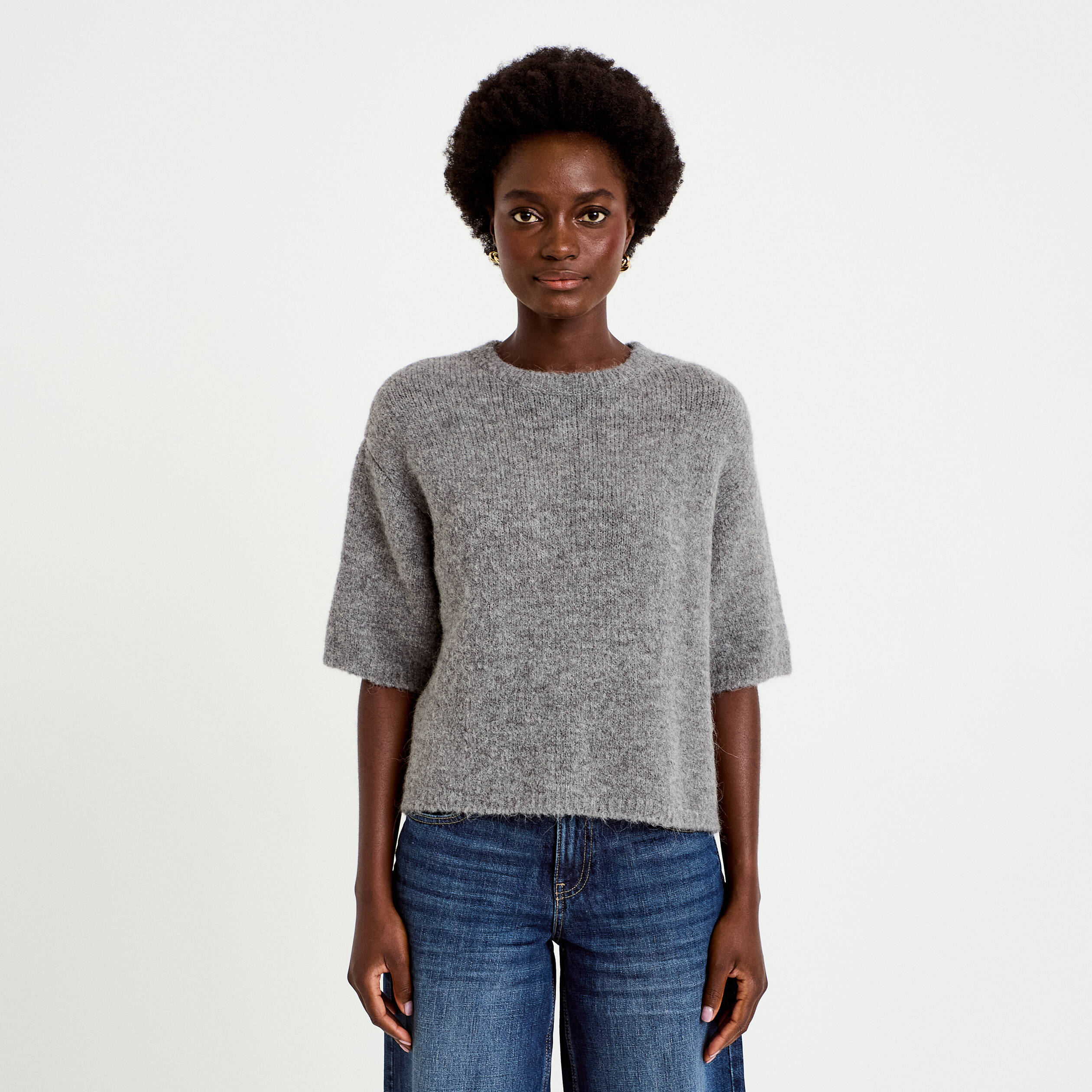 Pull manches courtes gris femme
