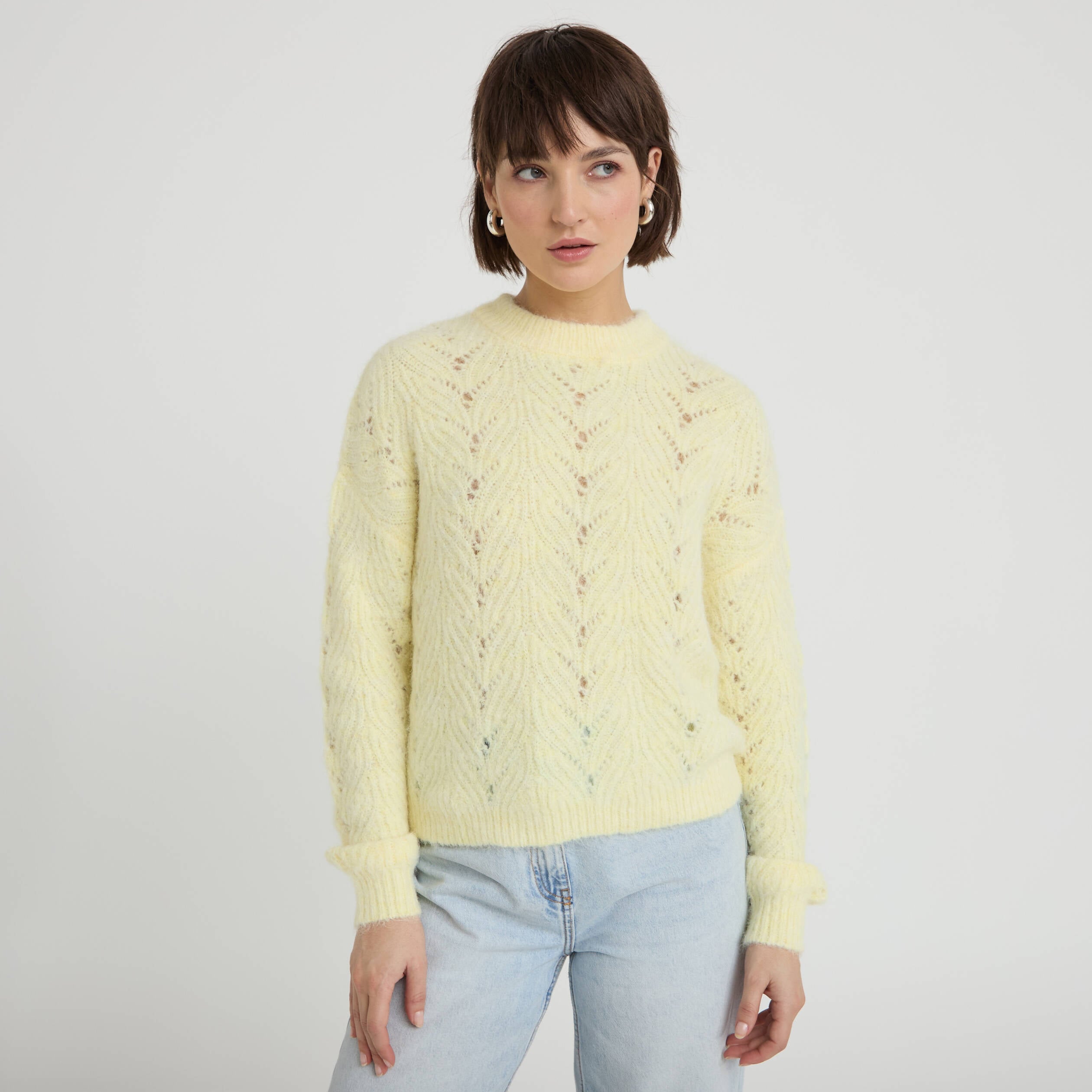 Pull ajour&eacute; manches longues jaune clair femme
