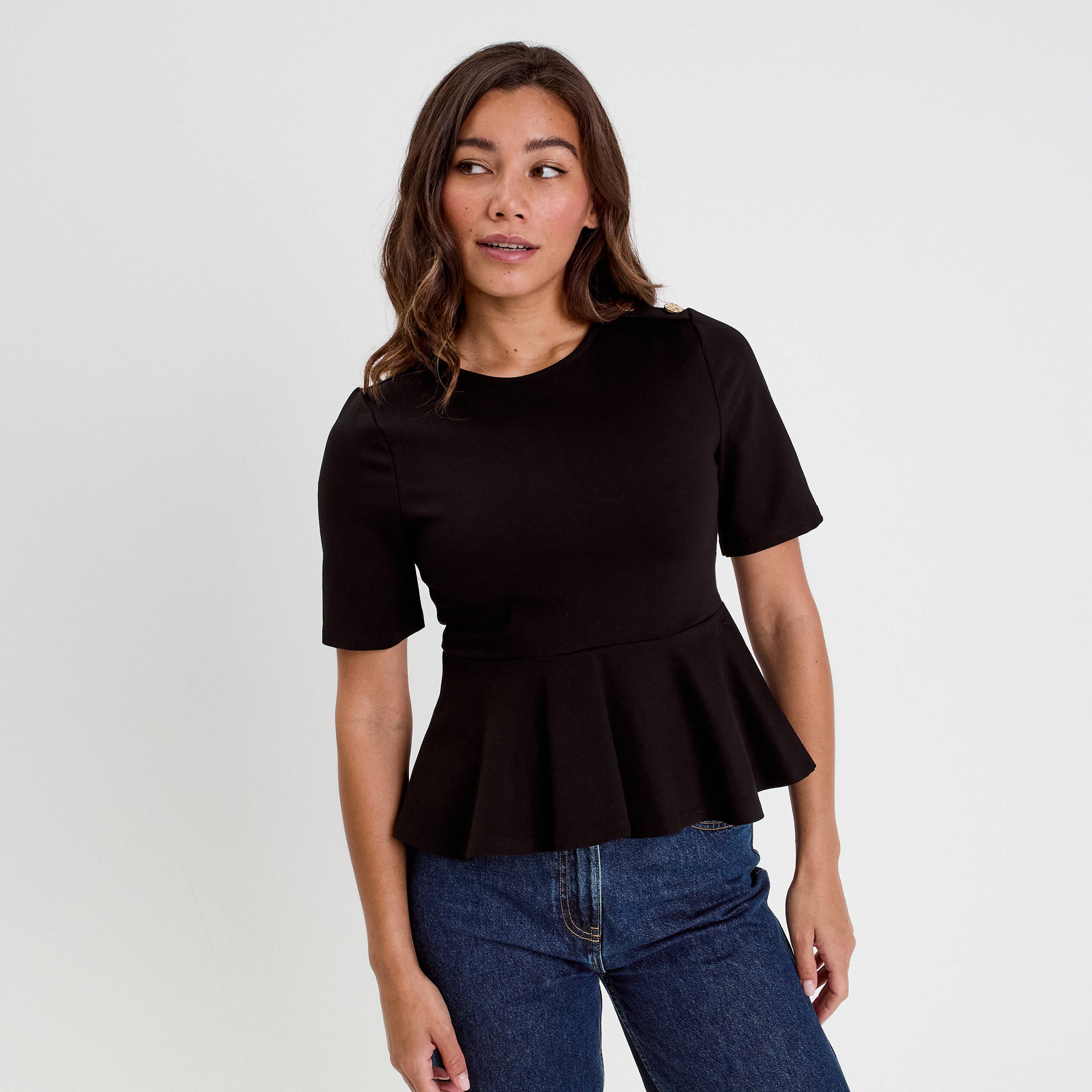Top cintr&eacute; col rond manches longues noir femme