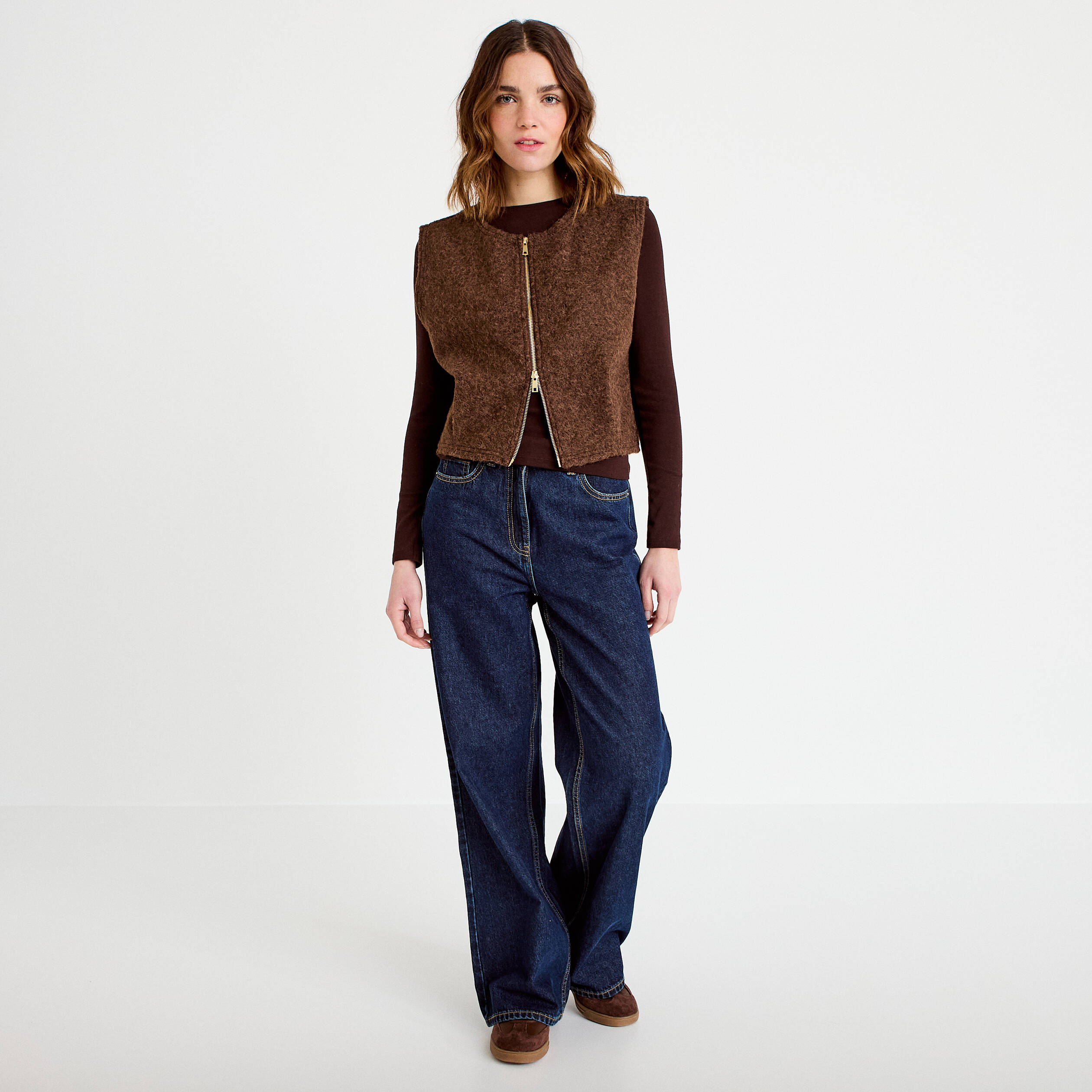 Veste sans manches effet polaire marron fonc&eacute; femme