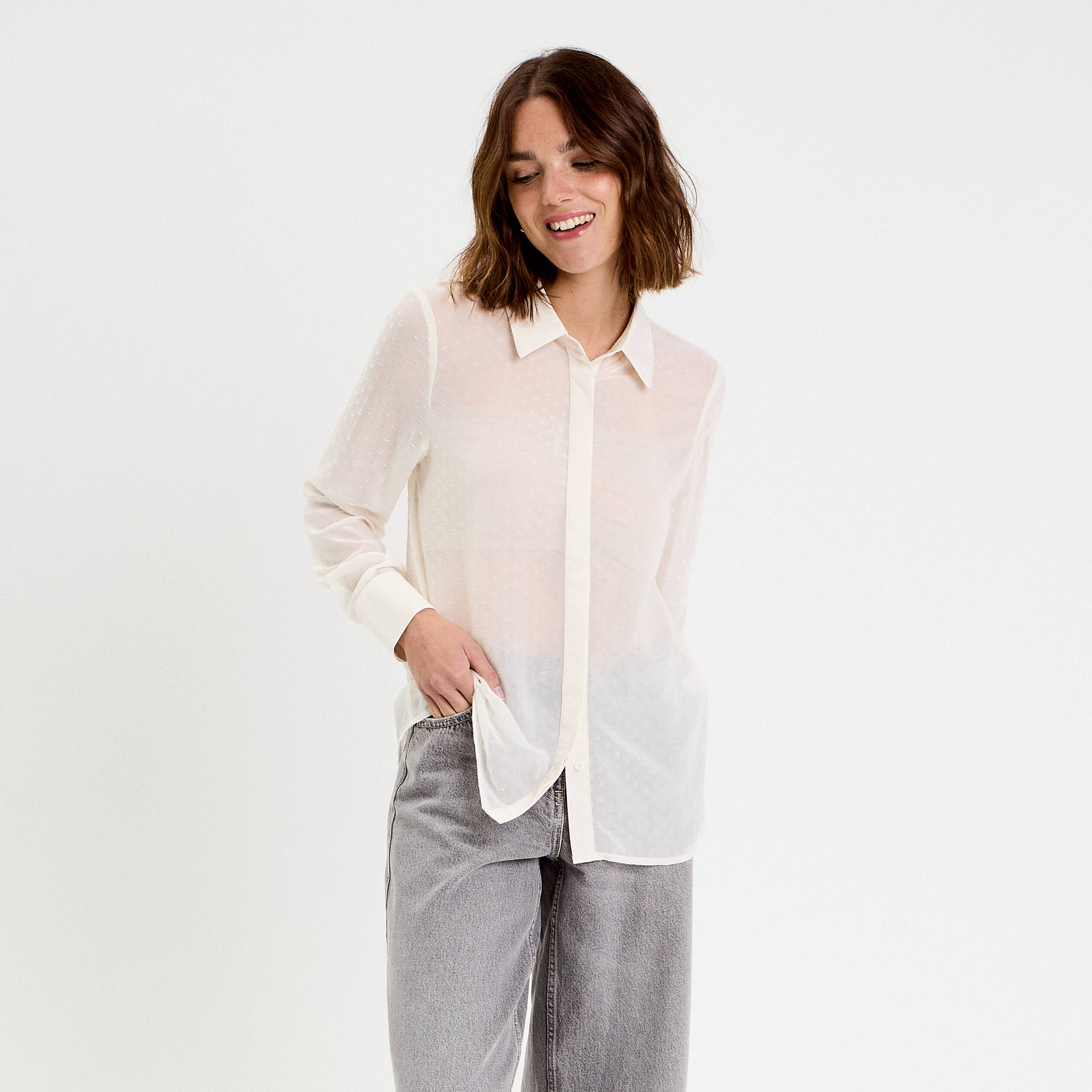 Chemise voile plumetis brillant ecru femme