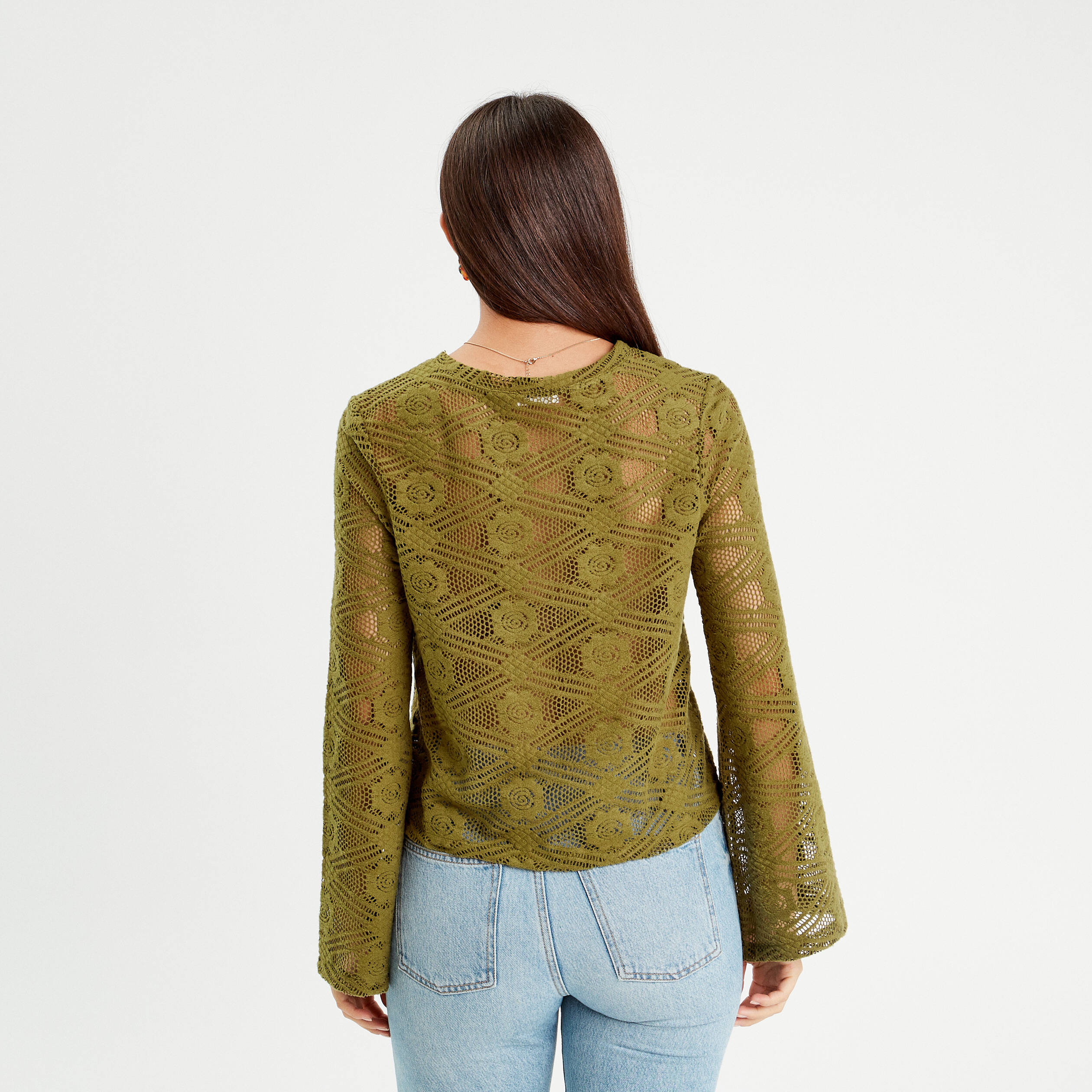 t shirt ajoure manches pagodes vert olive femme T-shirt ajouré manches pagodes vert olive femme