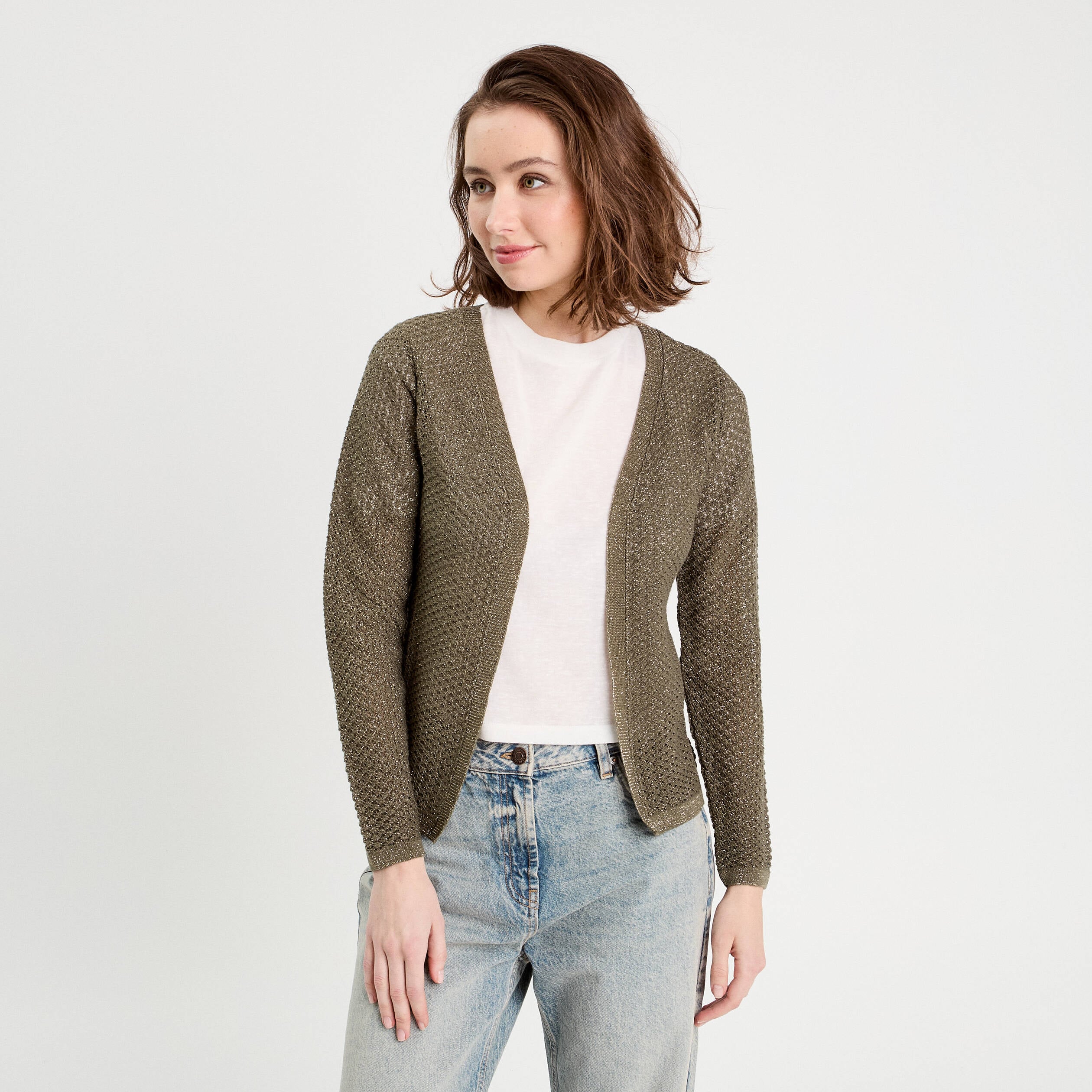 Gilet manches longues ajour&eacute; vert kaki femme