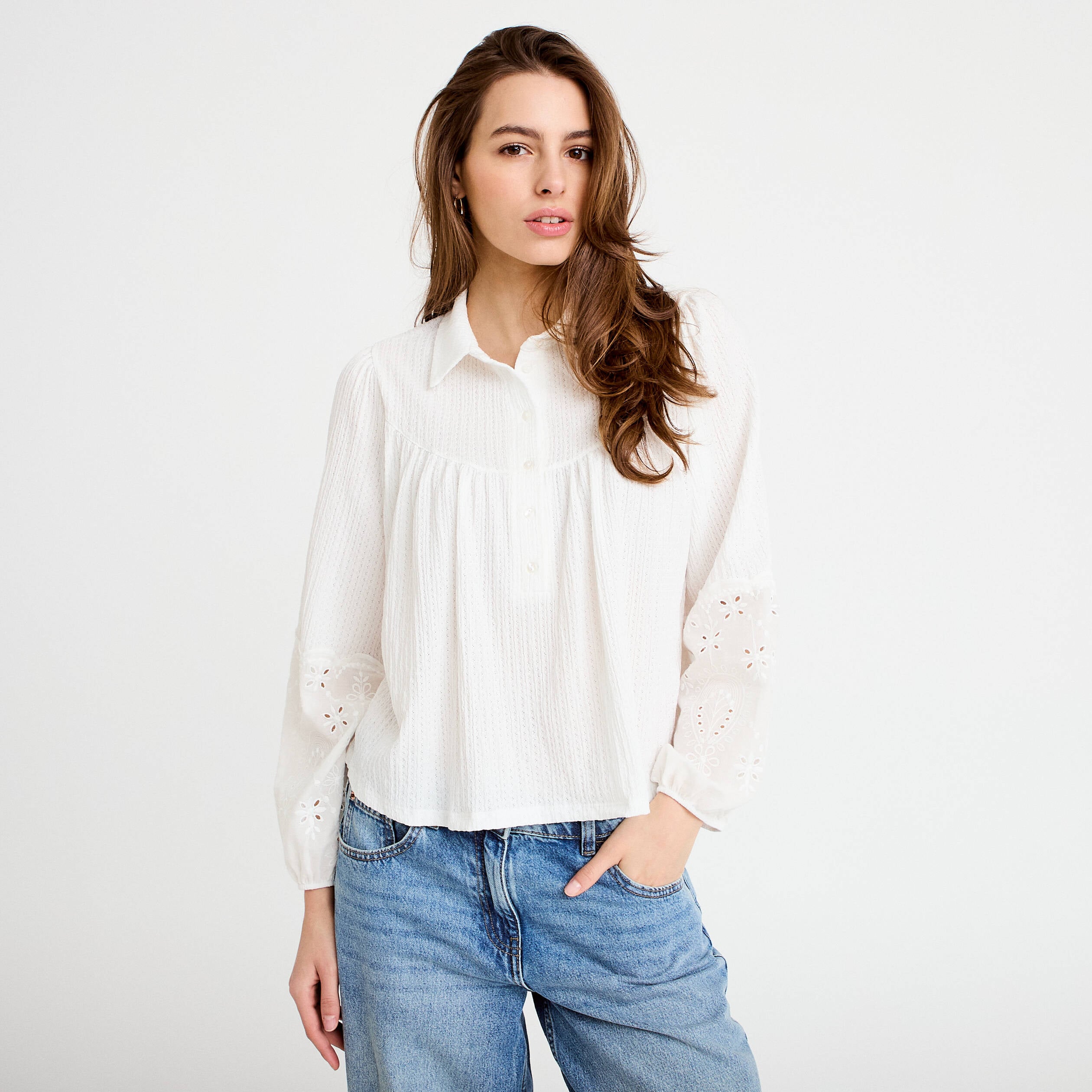 Blouse manches longues broderie ecru femme