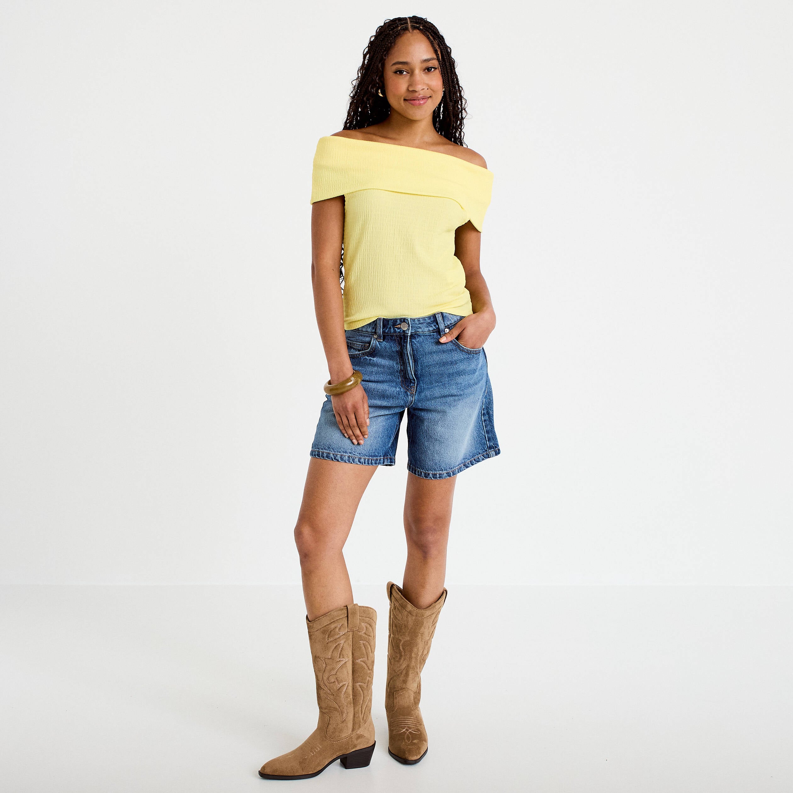 Top col bardot jaune pastel femme